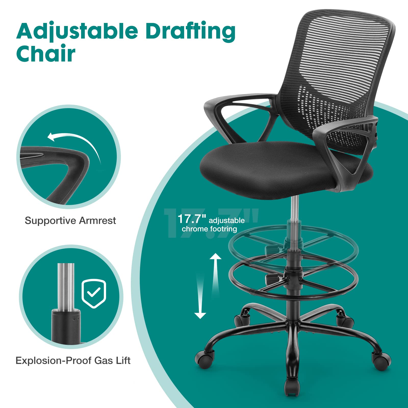 OLIXIS Adjustable Drafting Chair - Tall Office Chair for Standing Desk, Ergonomic High Work Stool with Foot Ring, Counter Height Chair for Artists & Architects (Charcoal Black) - Perfect for Home Office, Studio & Drafting Tables