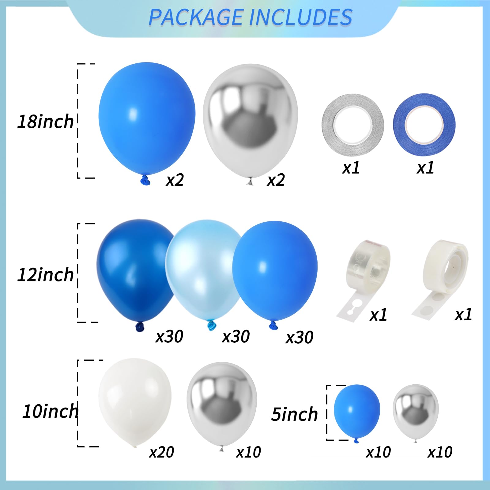RUBFAC 144pcs Blue Balloons Arch Garland Kit - 18/12/10/5 Inch Blue, White & Silver Party Balloons with Confetti for Birthday, Wedding, Baby Shower Decorations | Perfect for Indoor & Outdoor Party Decor, Photo Backdrops, and Celebration Events