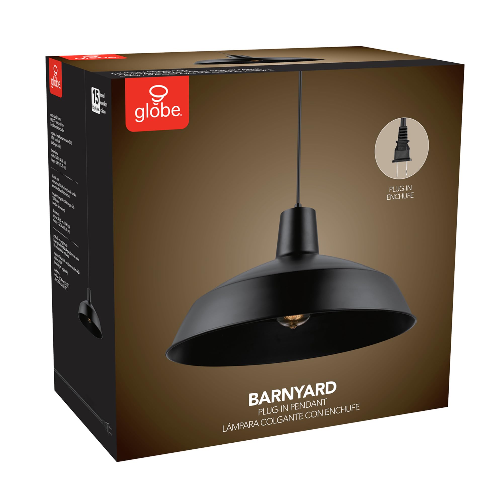 Globe Electric 65151 15ft Black Cord Plug-in Pendant Light with In-Line On/Off Switch - Matte Black Hanging Lamp for Kitchen Island, Dining Room, or Bedroom Ceiling Lighting