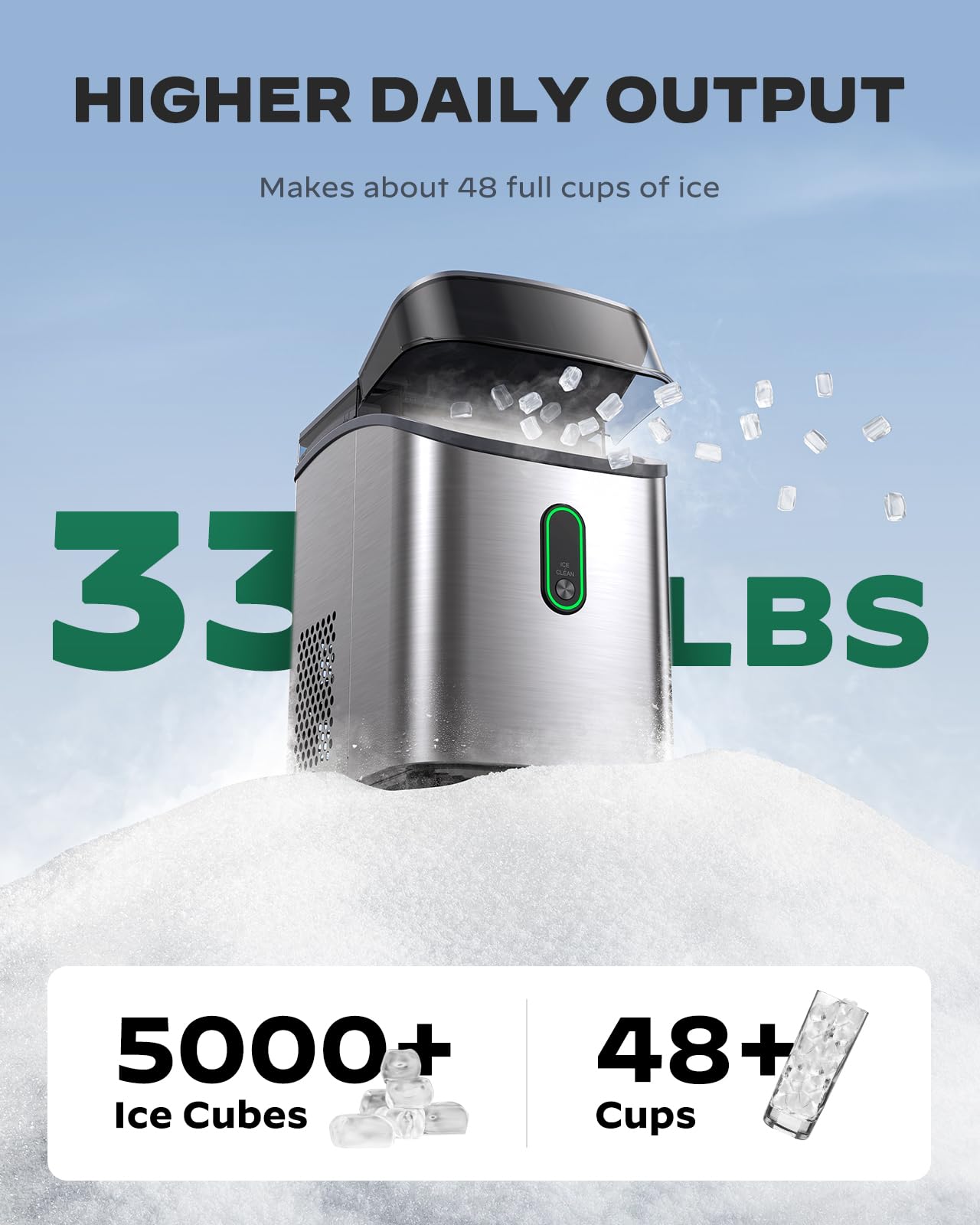Silonn Countertop Nugget Ice Maker - 33lbs/24H Pebble Ice Machine with Self-Cleaning & One-Touch Operation - Perfect for Cocktails, Sodas & Home Bars (Stainless Steel)