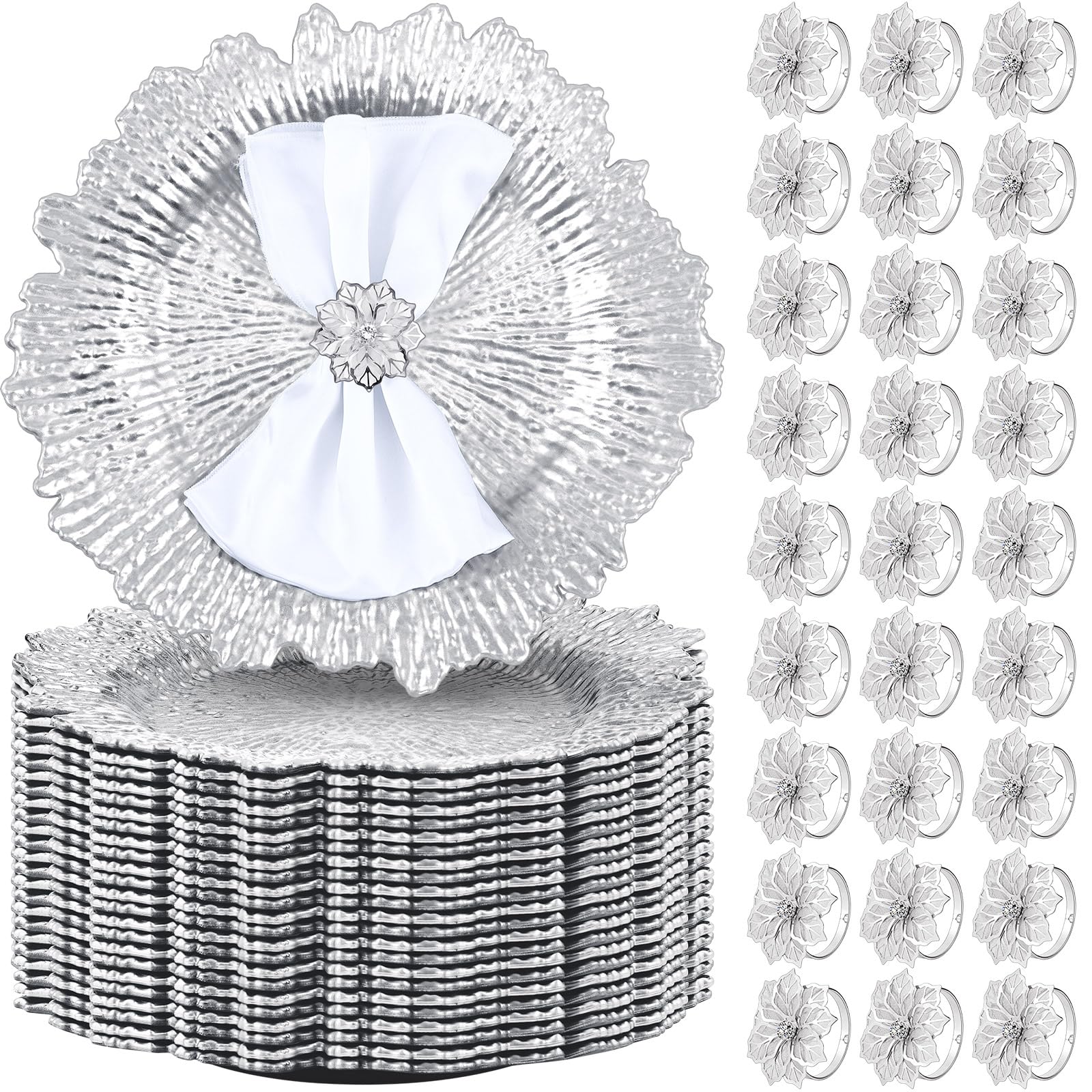 Dandat 50-Piece Silver Charger Plate Set with Floral Napkin Rings - 13 Inch Round Matte Plastic Dinner Plates for Wedding, Party & Table Decor - Elegant Hollow-Out Design for Formal Dining & Special Occasions