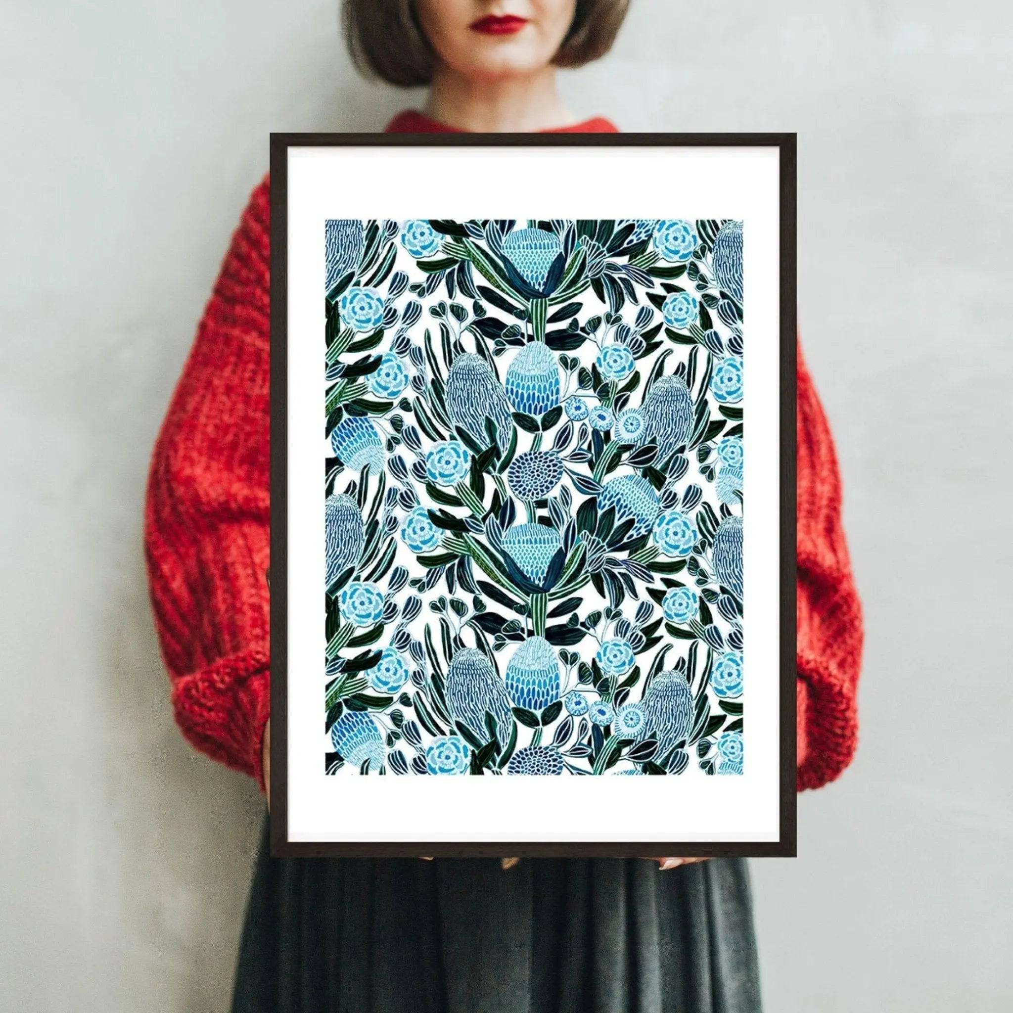 Blue Banksia Botanical Wall Art Print - Australian Floral Decor for Living Room, Bedroom & Office - Perfect for Home & Office Decor