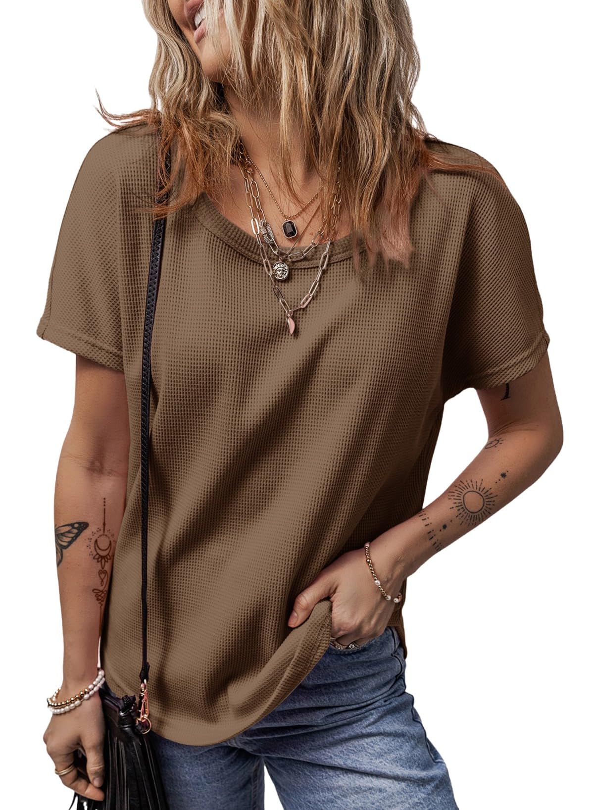 Dokotoo Women's Waffle T-Shirts | Color Block Loose Blouse | Basic Summer & Fall Tops 2024 | Casual Wear, Layering & Everyday Outfits