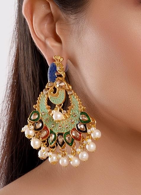 Exquisite Indian Chandbali Peacock Earrings for Women – Crystal Rhinestone & Faux Pearl Dangle Bridal Jewelry Set – Perfect for Weddings, Bollywood Parties, and Special Occasions