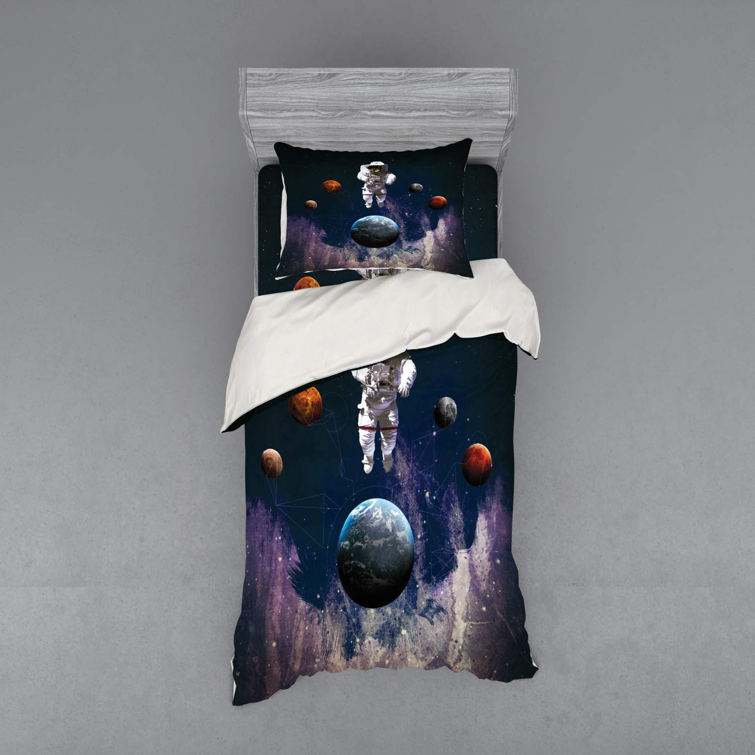 Ambesonne Outer Space Bedding Set - Astronaut Planets Galaxy Theme 3-Piece Duvet Cover Set with Pillow Sham & Fitted Sheet, Twin Size, Vibrant Multicolor | Perfect for Kids' Rooms, Space-Themed Bedrooms & Sci-Fi Decor