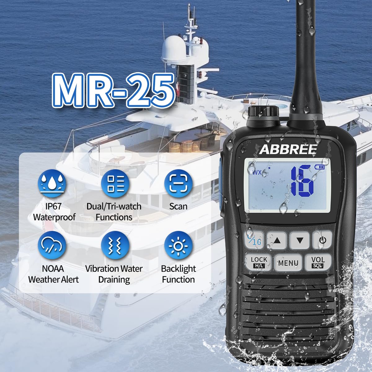 **ABBREE MR-25 VHF Marine Radio - IP67 Waterproof Floating Handheld Two-Way Radio with Noise Cancelling Mic, NOAA Weather & LCD Display | Long Range Walkie Talkie for Boating, Fishing & Emergency Use**