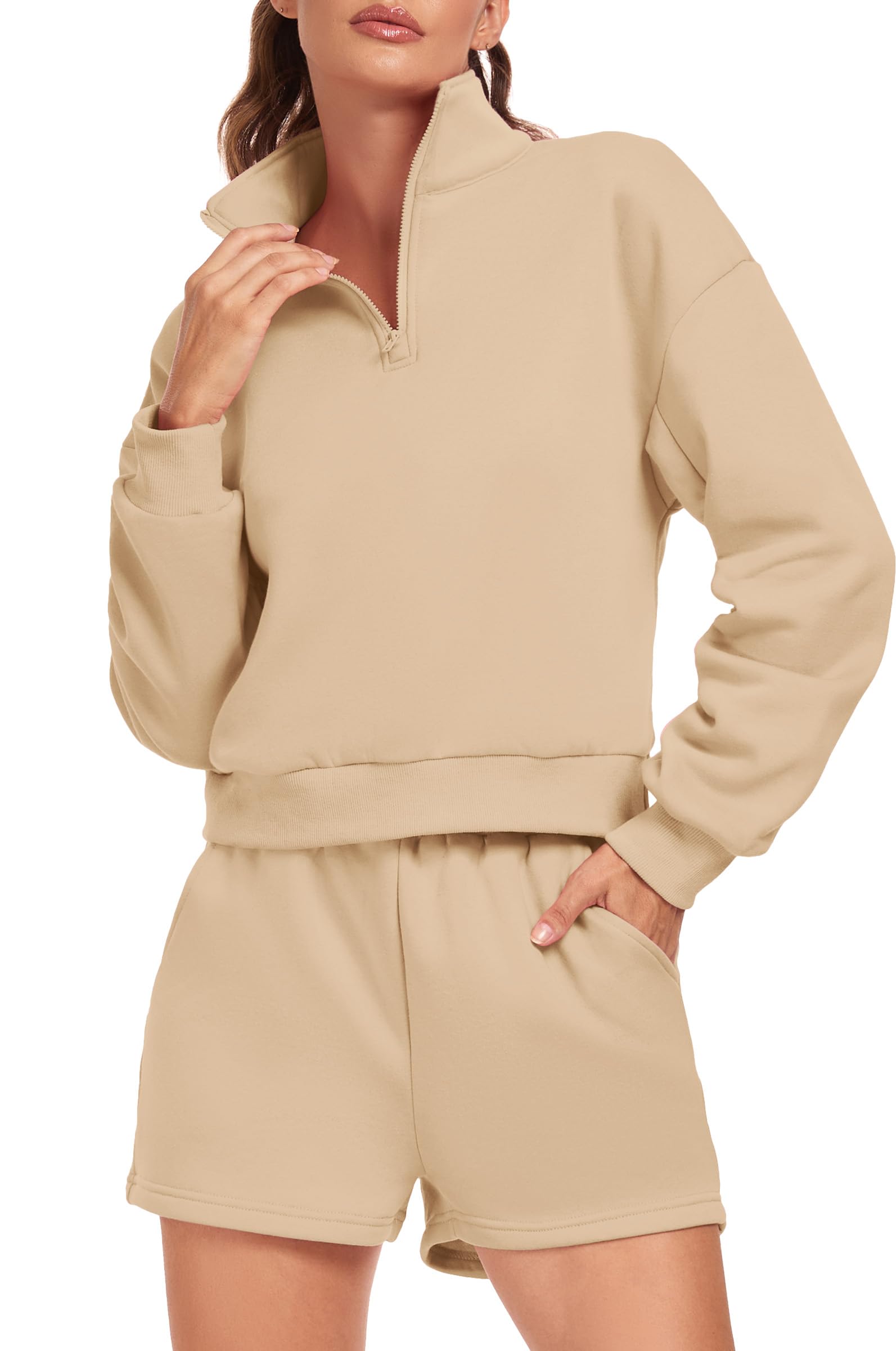 Women's 2 Piece Lounge Set - Oversized Half Zip Sweatshirt & Shorts Casual Tracksuit for Women | Comfortable Loungewear for Home, Yoga, Gym & Running