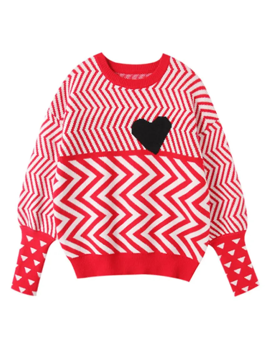 Women's Geometric Heart Pattern Knit Sweater - Long Sleeve Loose Pullover for Autumn/Winter | Cozy Casual Wear for Office, Dating & Weekend Outfits