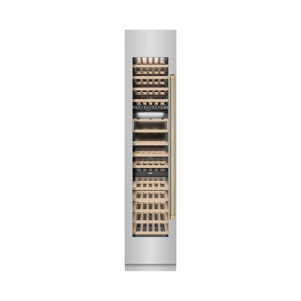 ZLINE Autograph Edition 18 Inch 9.0 cu ft Triple Zone 68 Bottle Left Hinge Stainless Steel Wine Cooler with Champagne Bronze Accents - Perfect for Home Bars, Wine Cellars & Entertaining (RCWVLZ 30418 CB)