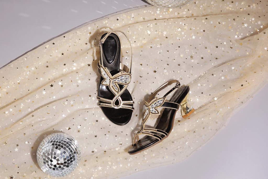 YooPrettyz Women's Rhinestone Crystal Butterfly Evening Sandals - Chunky Low Heel Prom Party Shoes for Weddings, Dances & Special Occasions