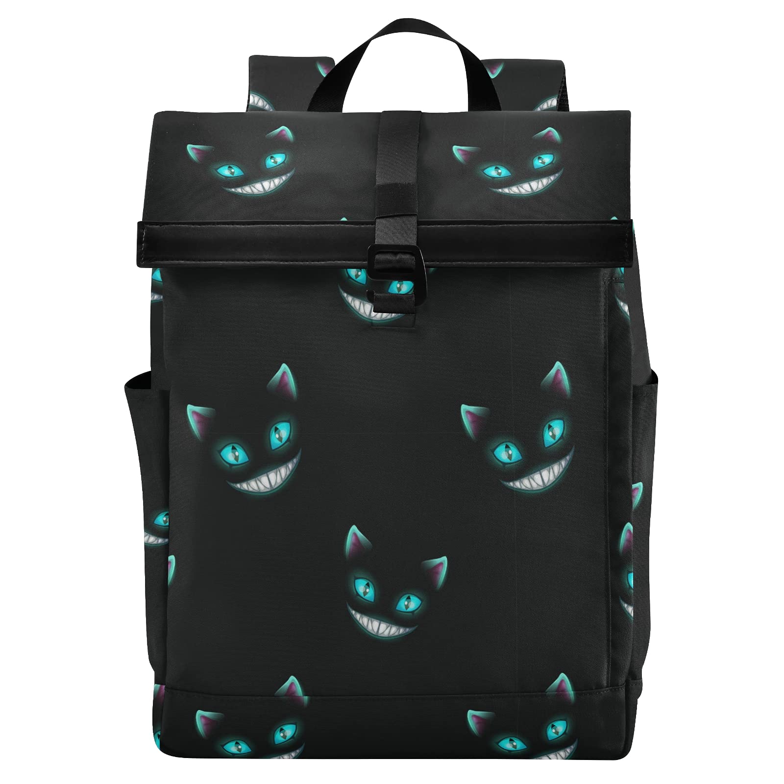 Fantasy Scary Smiling Cat Face Backpack - Waterproof Nylon Roll-Top Daypack for Men & Women - 17.3 Inch Laptop Bag for Work, Travel, College & School - Perfect for Halloween, Cosplay & Gothic Fashion
