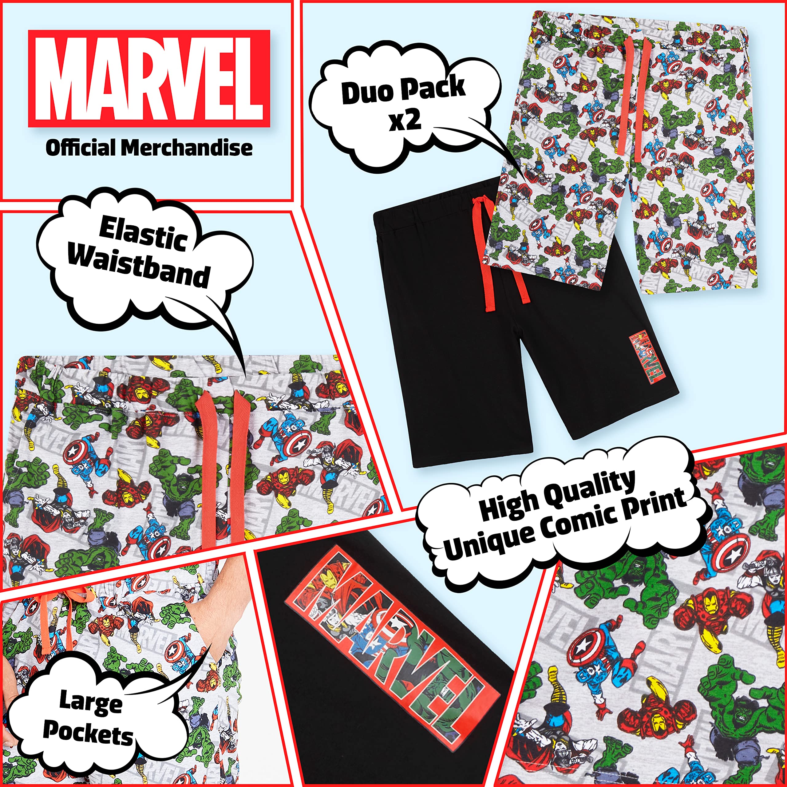 Marvel Superhero Men's Shorts - 2 Pack Cotton Joggers & Sleep Pajama Bottoms for Lounge, Gym & Home Comfort