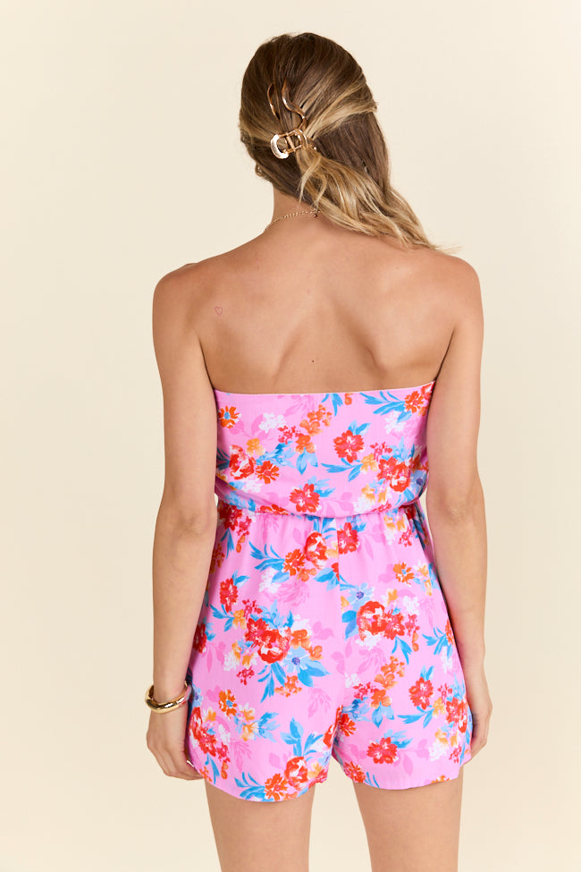 Fun Strapless Pink Floral Romper for Women - Summer Beach Party Outfit, Bachelorette & Vacation Wear