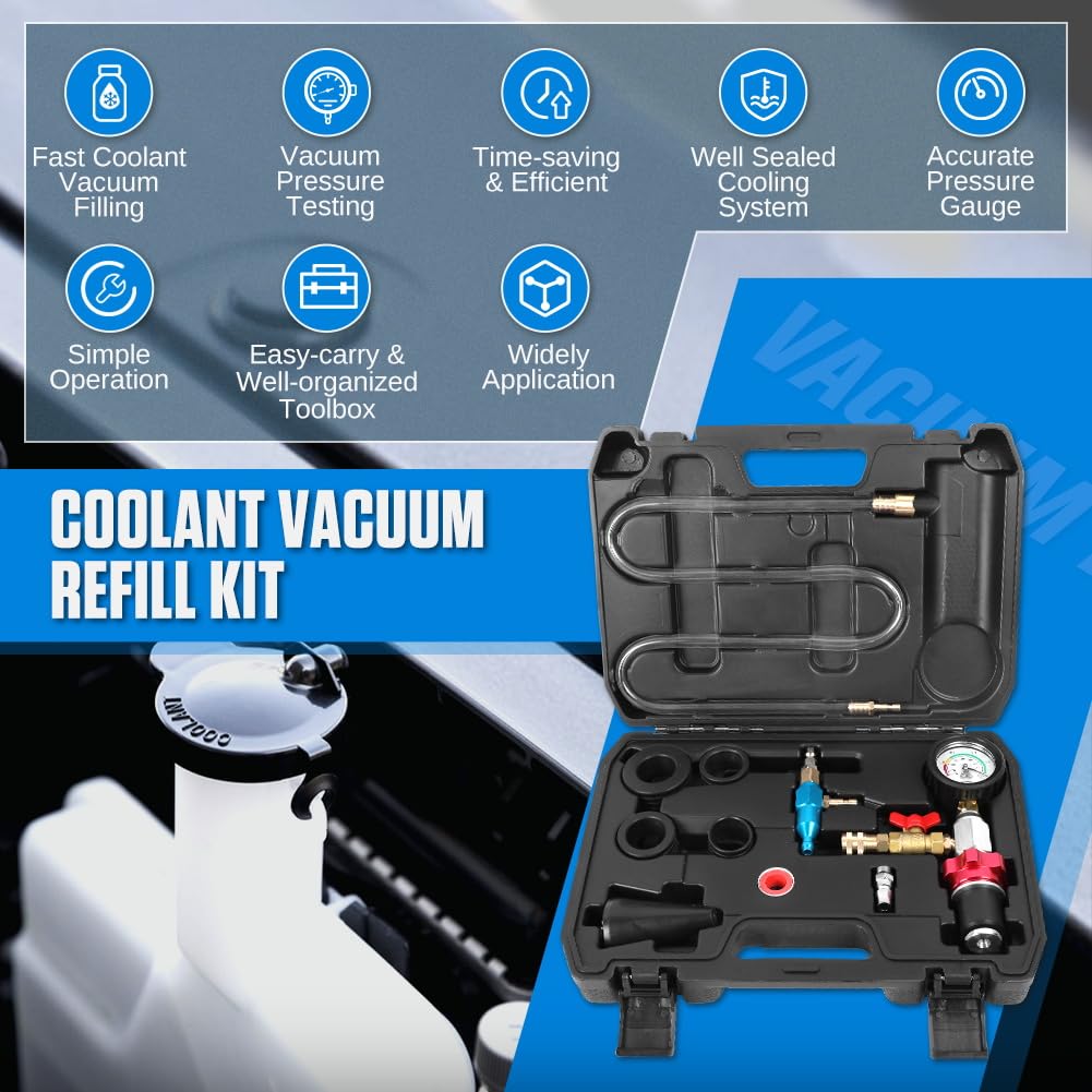 Time-Saving Coolant Vacuum Refill Kit - Well-Sealed Cooling System Vacuum Purge & Refill Kit with Pressure Gauge, 5 Size Adapters & Long Filling Hose for All Vehicles - Perfect for DIY Car Maintenance & Professional Auto Repair Shops