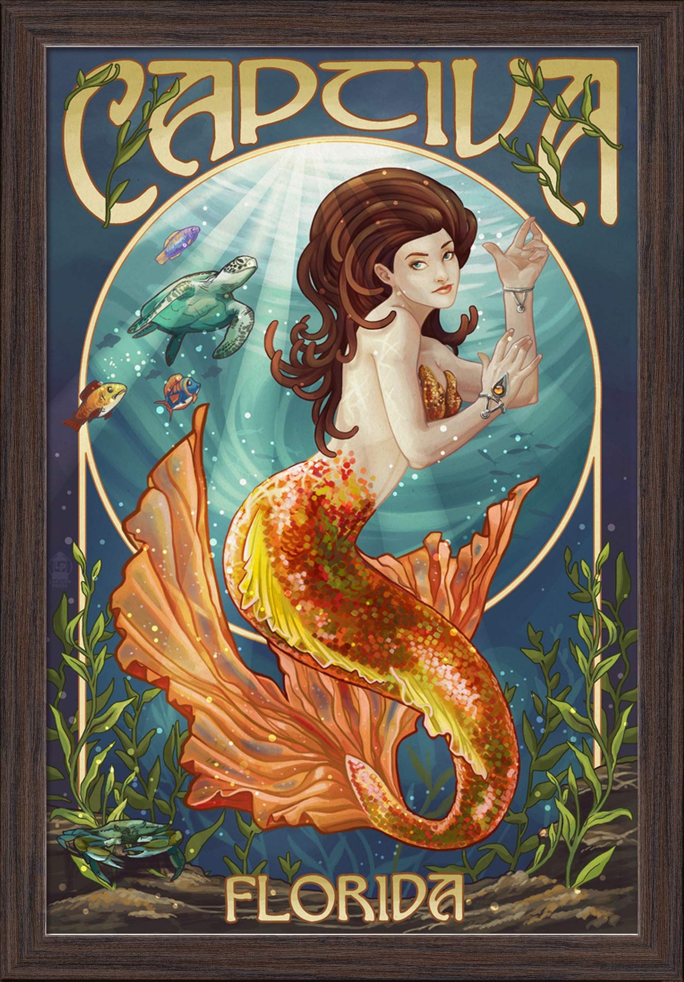 Captiva Florida Mermaid Art Print - 16x24 Giclee Fine Art on Recycled Wood Frame in Espresso Brown - Perfect for Beach House Decor, Coastal Living Room, or Mermaid Lover's Gift