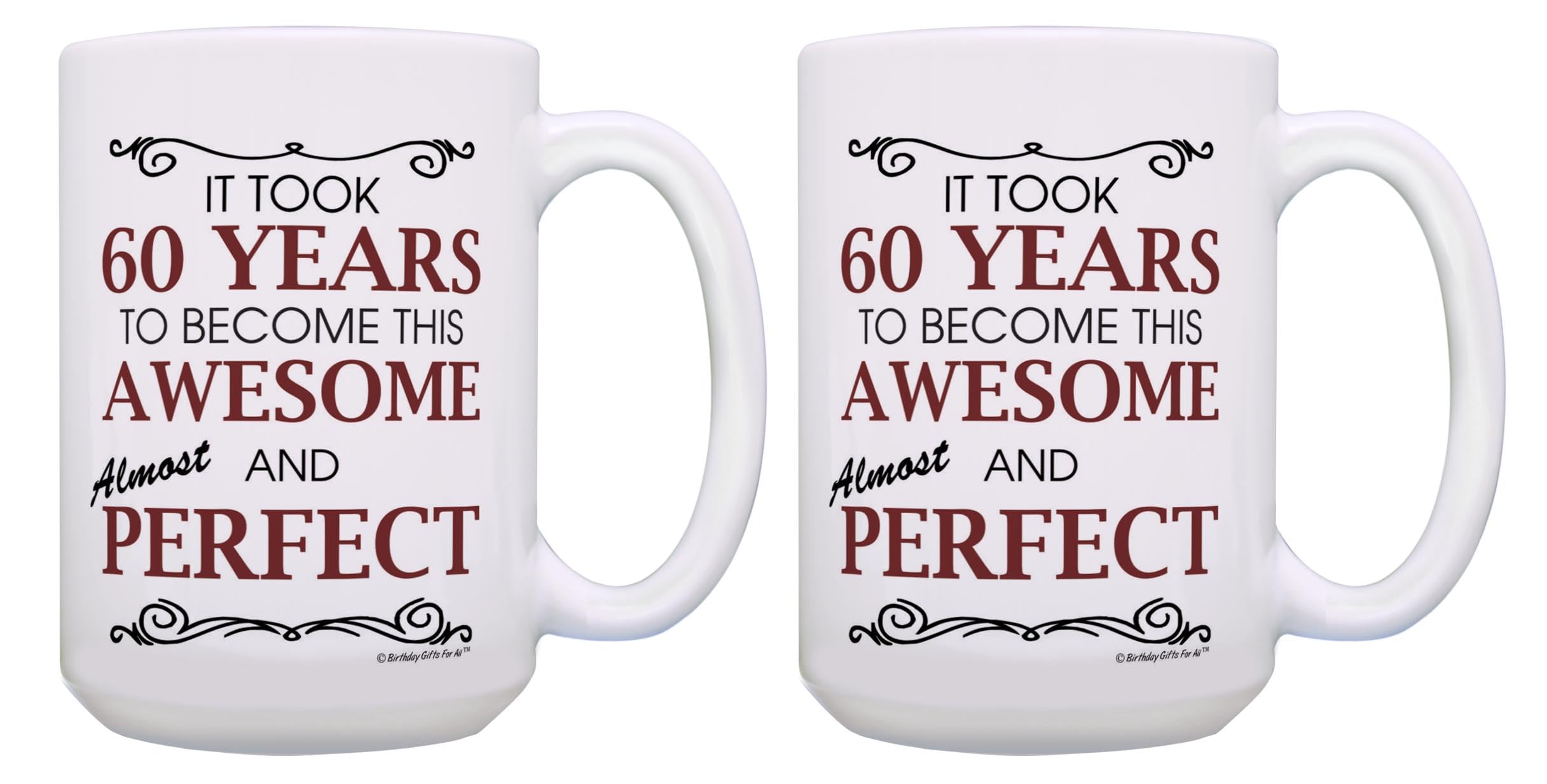 60th Birthday Gifts Set - 2 Pack 15oz Ceramic Coffee Mugs & Tea Cups - White - Perfect for Anniversary, Retirement & Milestone Celebrations - Ideal for Coffee, Tea & Hot Beverages at Home or Office