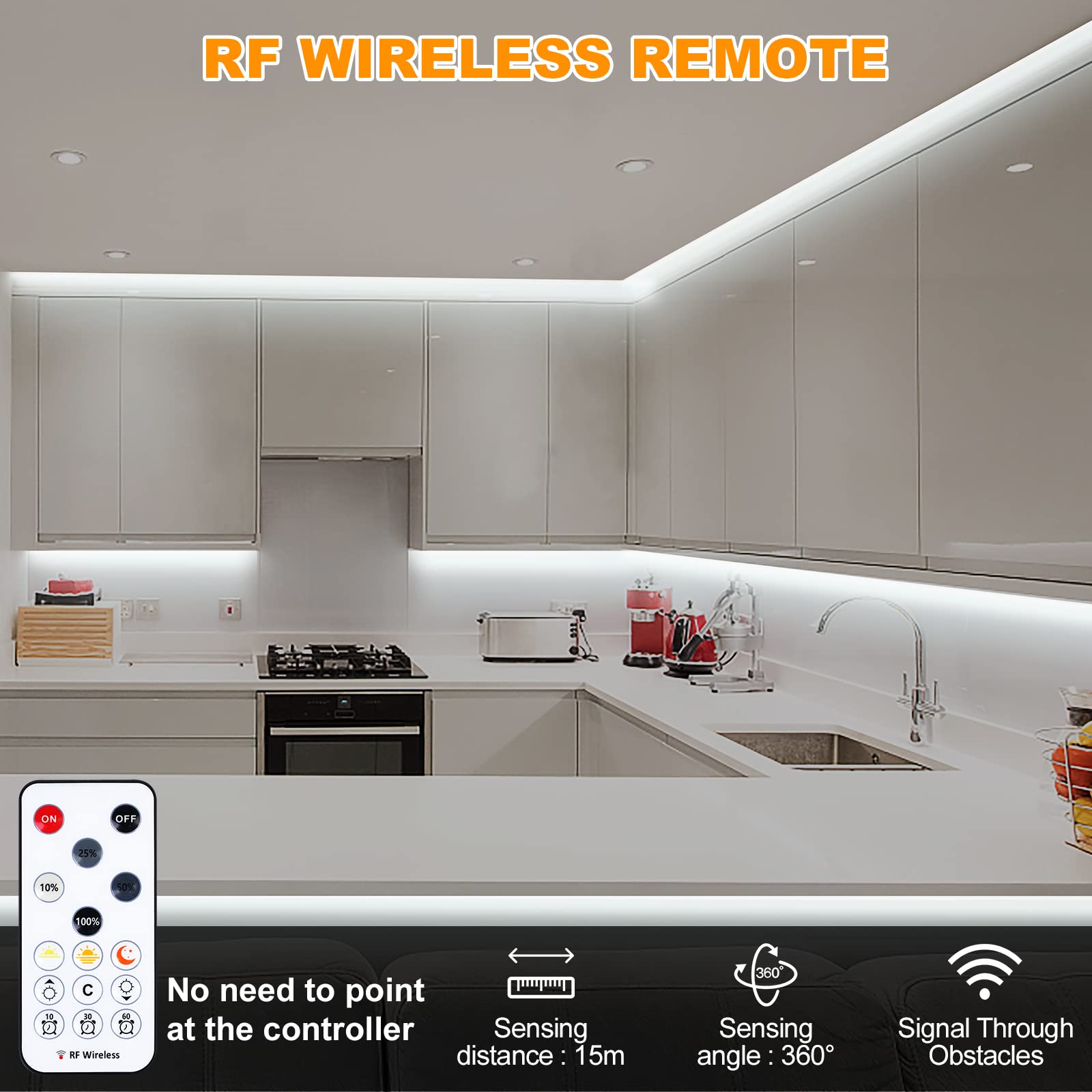 10pcs COB Under Cabinet Lighting with RF Remote - 16.4ft 6500K Bright Dimmable LED Strip Lights for Kitchen, Shelf, Counter & Cupboard - Flexible Indoor Lighting Solution for Home & Office