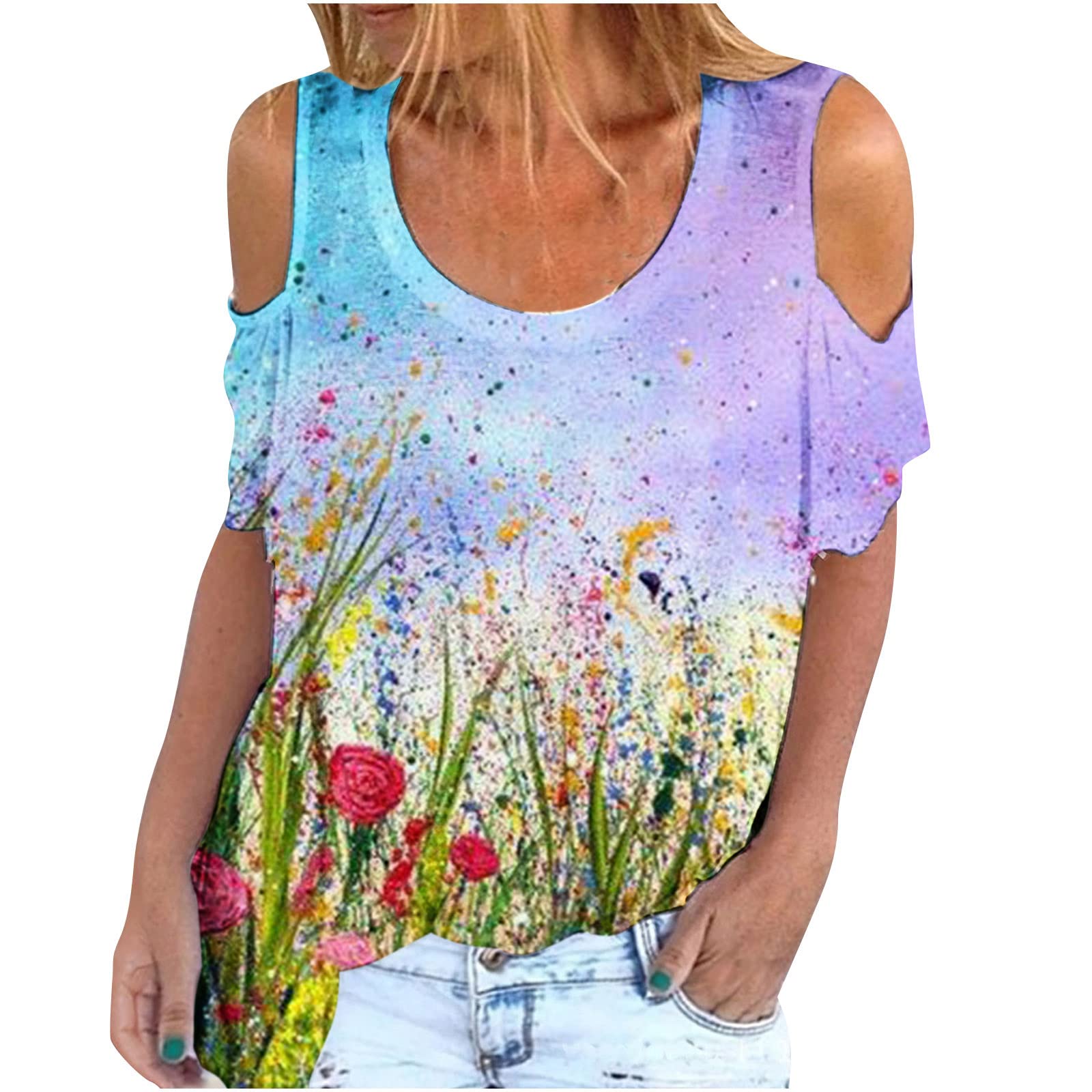 Women's Summer Casual Cold Shoulder Tops - Floral Printed Short Sleeve Loose Blouses & T-Shirts | Perfect for Beach Outings, Date Nights and Summer Vacations