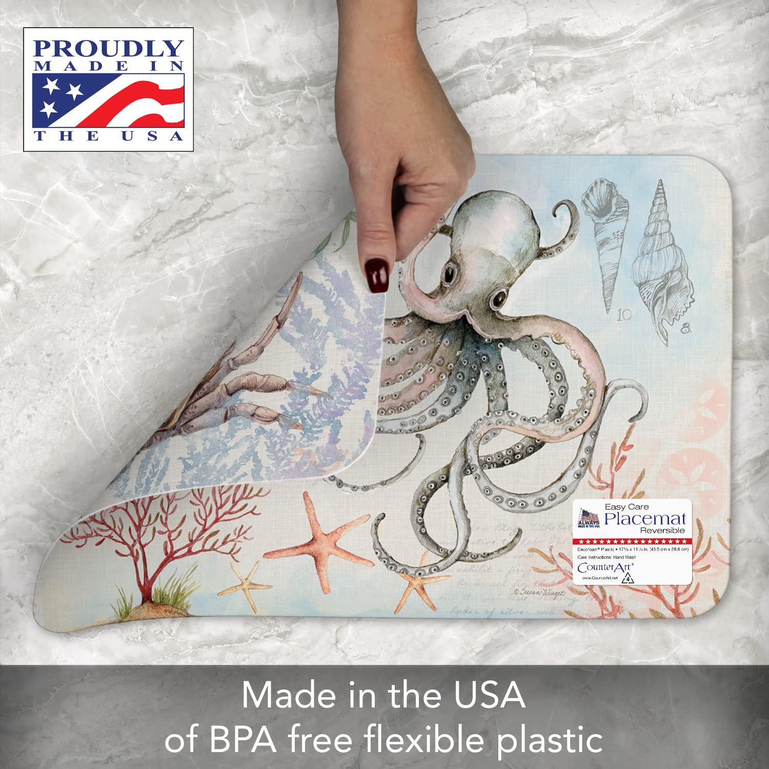 CounterArt Caribbean Sea Crab 4 Pack Reversible Plastic Placemats - BPA Free, Dishwasher Safe, Easy Wipe Clean - USA Made for Dining Table, Kitchen, Party & Outdoor Use