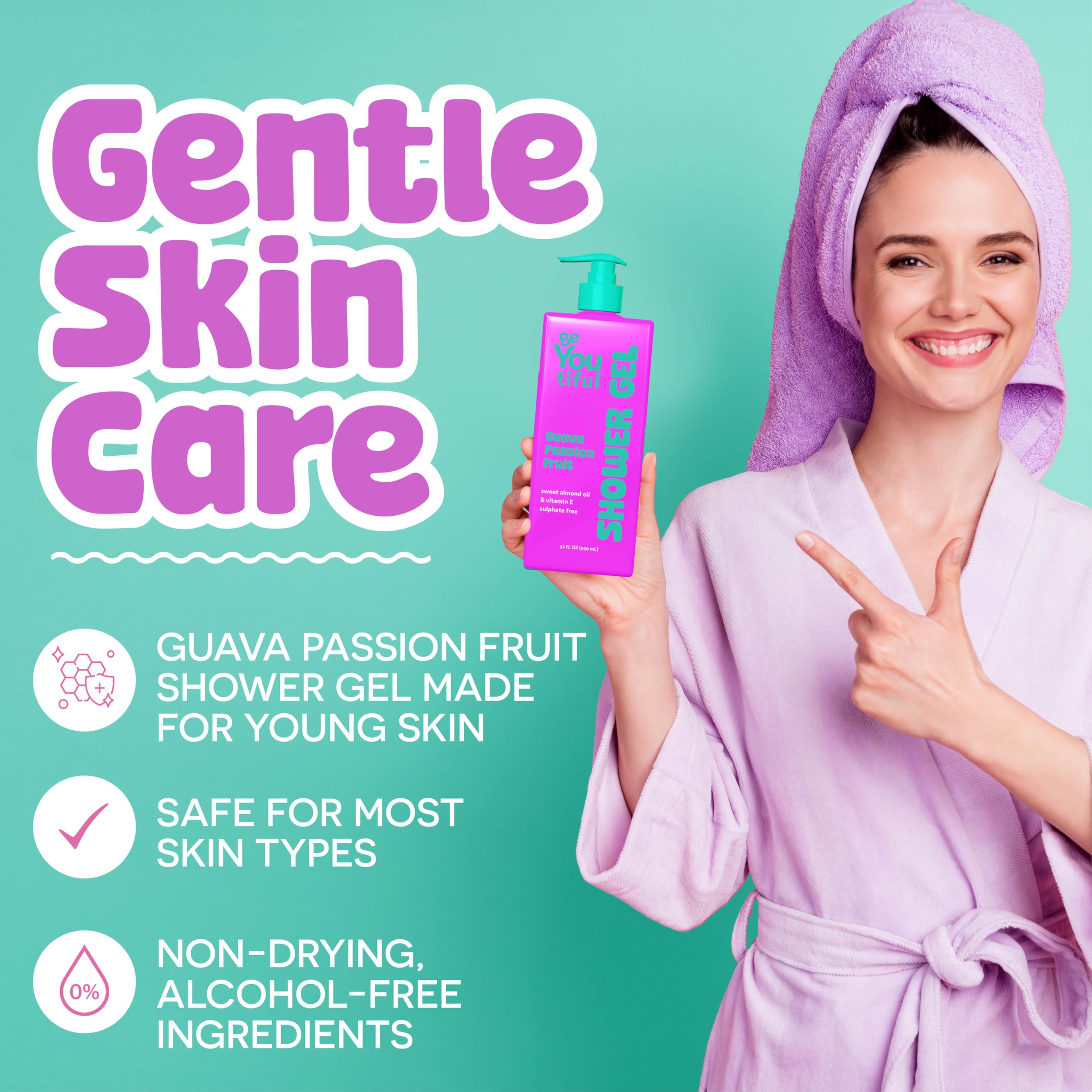 BeYoutiful Natural Hydrating Body Wash for Kids & Teens - Guava Passion Fruit Exfoliating Gel for Acne-Prone & Sensitive Skin | Cruelty-Free, 32 oz | Gentle Daily Cleanser for Soft, Smooth Skin at Bath Time