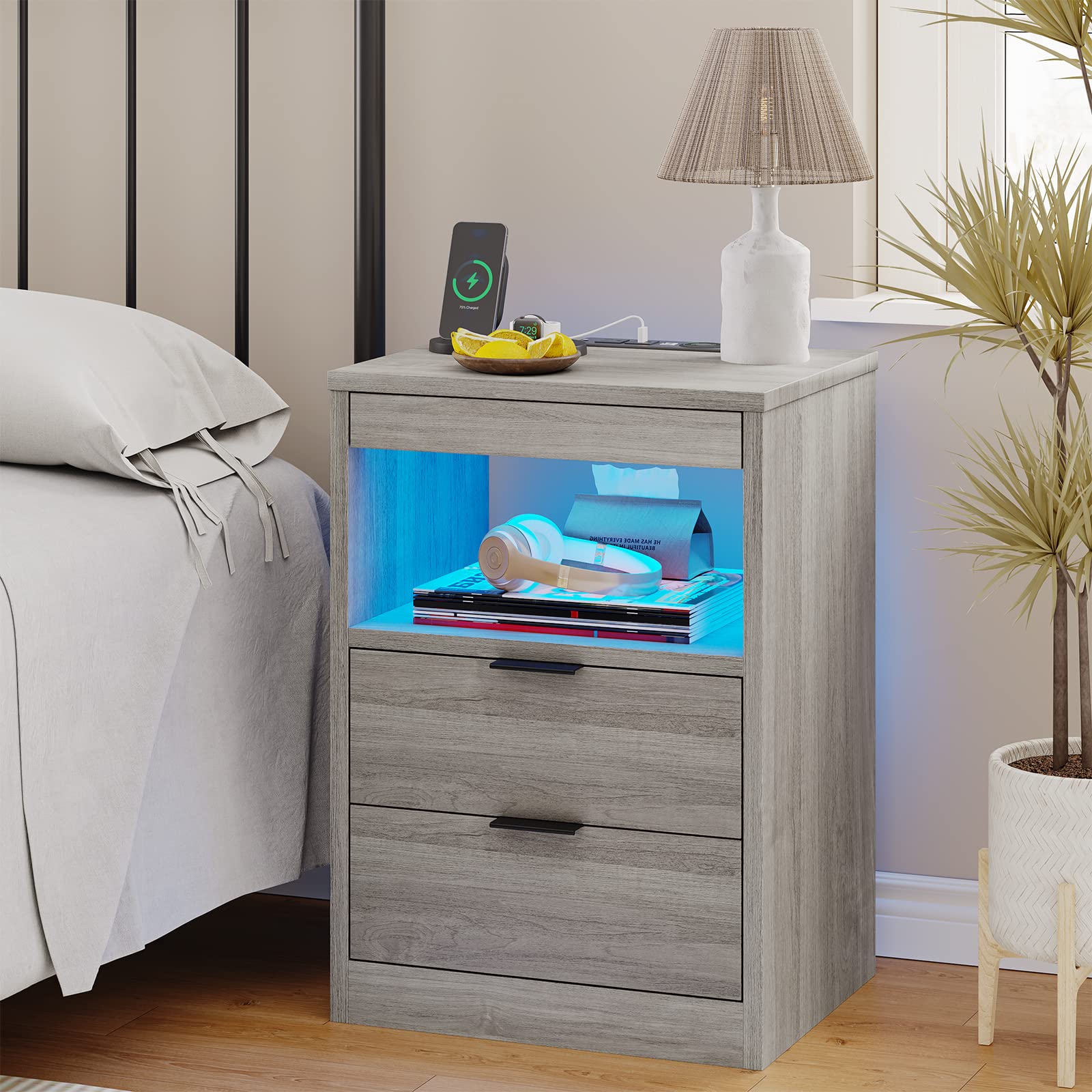 Tiptiper LED Nightstand Set of 2 - Modern Gray Bedside Table with Wireless Charging, 2 Drawers & Pull-Out Shelf - Storage End Table for Bedroom, Living Room & Office