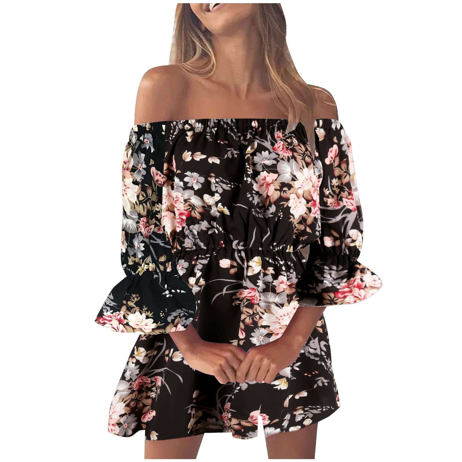 Ceimmol Women's Off Shoulder Floral Summer Dress - Ruffle Half Sleeves, Elastic Waist Casual Romper - Perfect for Beach Vacation, Holiday Party & Date Night Outfits