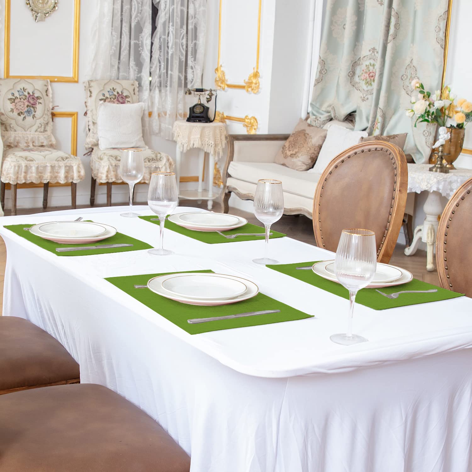 Premium Set of 8 Linen-Like Polyester Placemats - Machine Washable, Heat Resistant & Wrinkle Free Thick Dining Table Mats for Kitchen & Formal Entertaining (Green) - Perfect for Everyday Meals, Dinner Parties & Holiday Gatherings