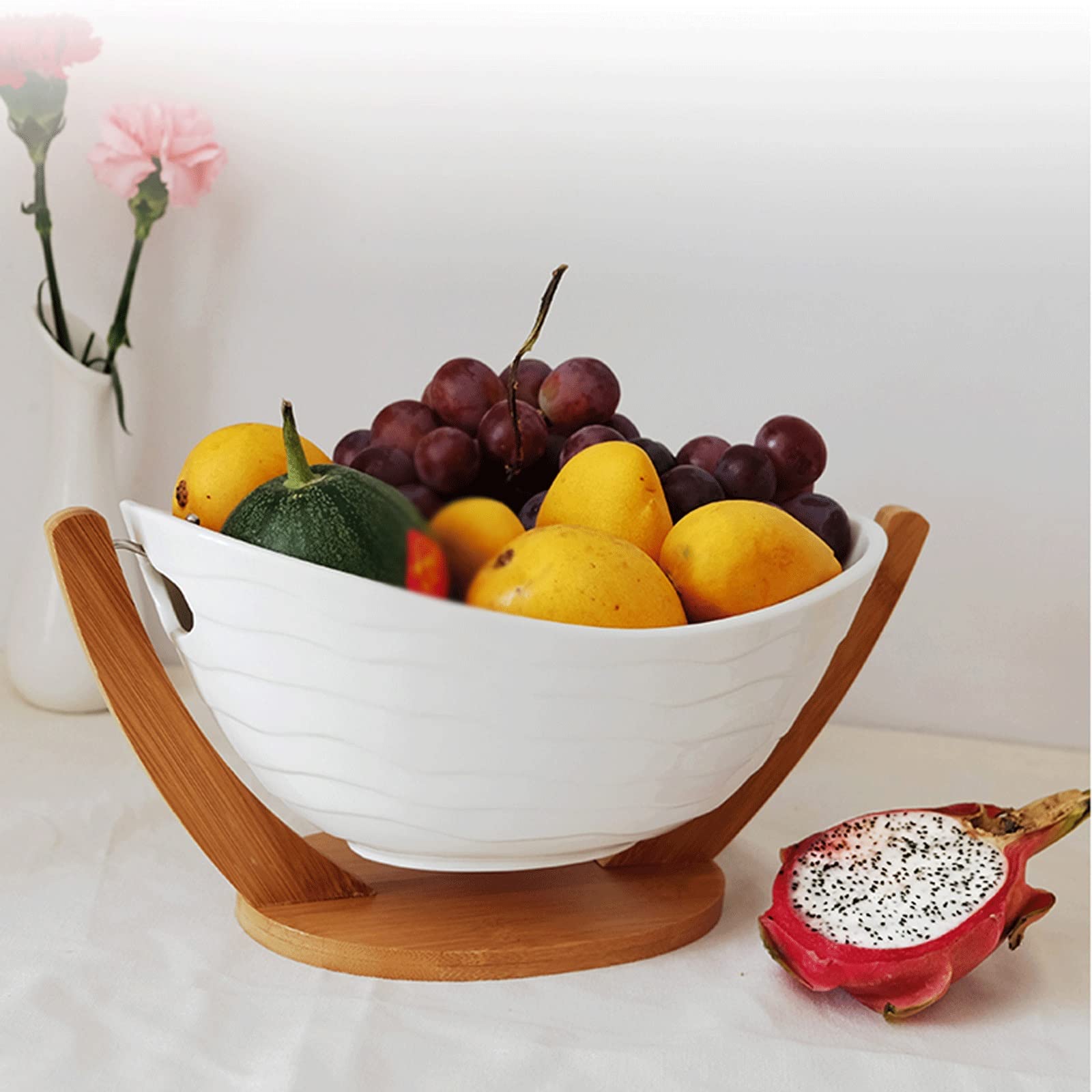 Stylish Wood Base Ceramic Fruit Bowl Set - Elegant Dessert Plate & Fruit Dish Organizer for Home Decor, Party Serving, Family Dinner & Kitchen Accessories | Perfect for Entertaining Guests & Daily Fruit Display