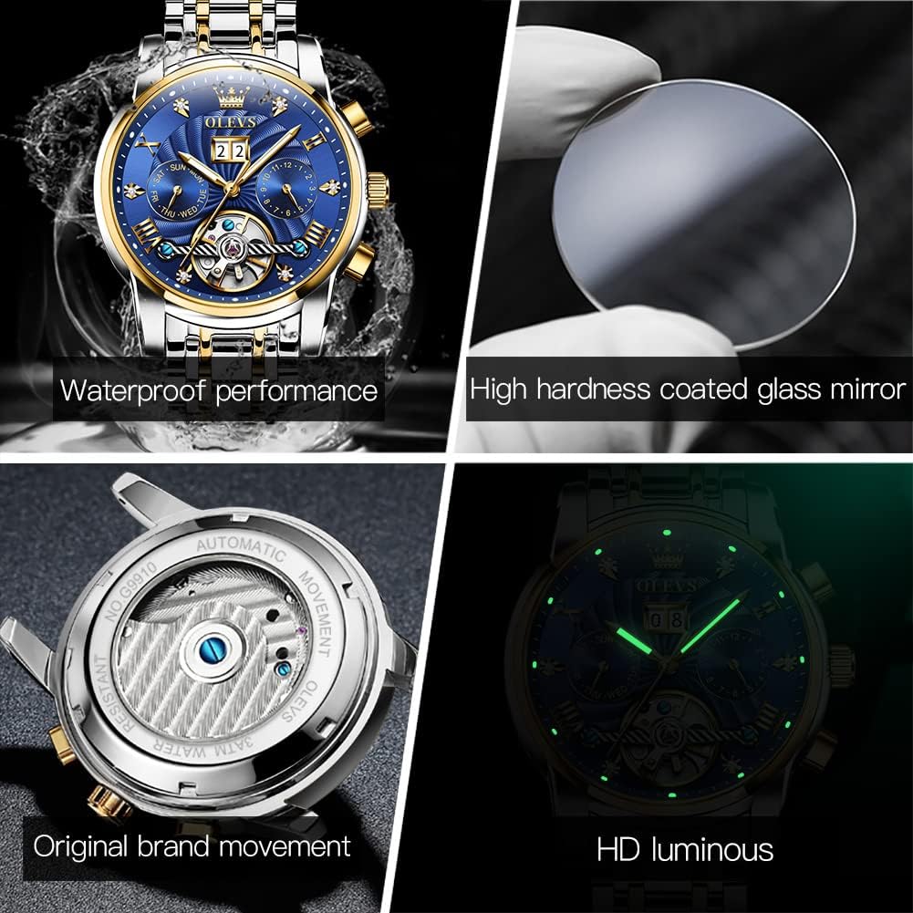 OLEVS Luxury Skeleton Automatic Mechanical Watch for Men - Self Winding, Diamond Accents, Luminous Hands, Waterproof - Perfect for Business, Formal Events & Everyday Wear