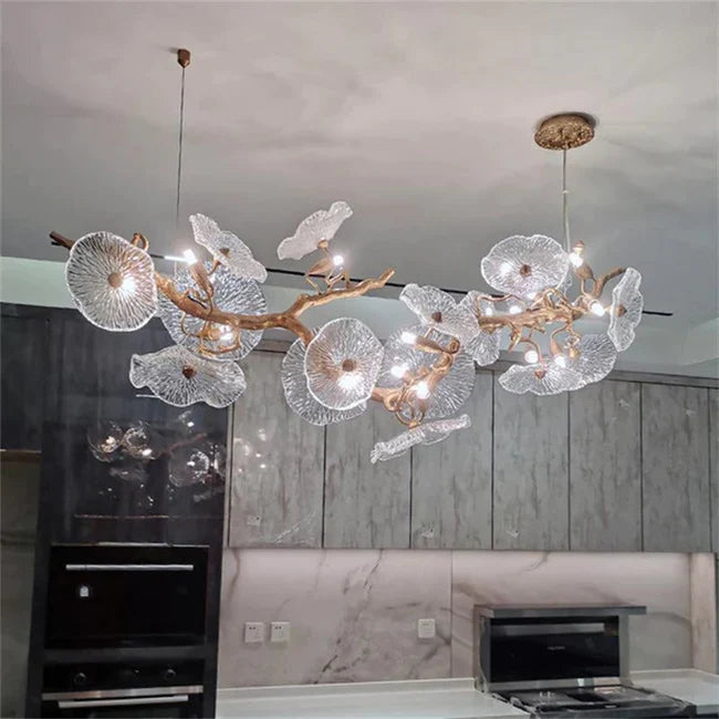 Modern Leaf Glass Flower Linear Branch Chandelier - Elegant Island Pendant Light for Dining Room, Kitchen, or Living Room Decor