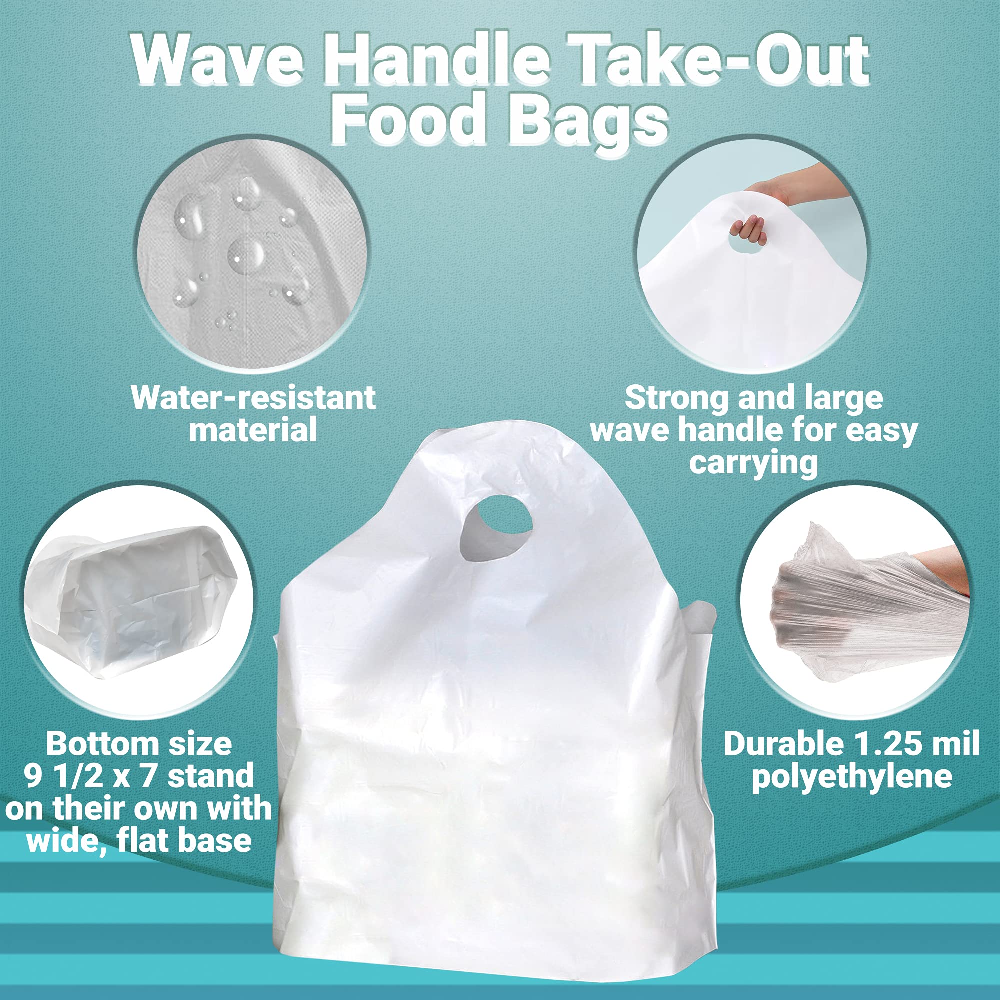 500 Pack White Plastic Take-Out Bags with Wave Handles - 16