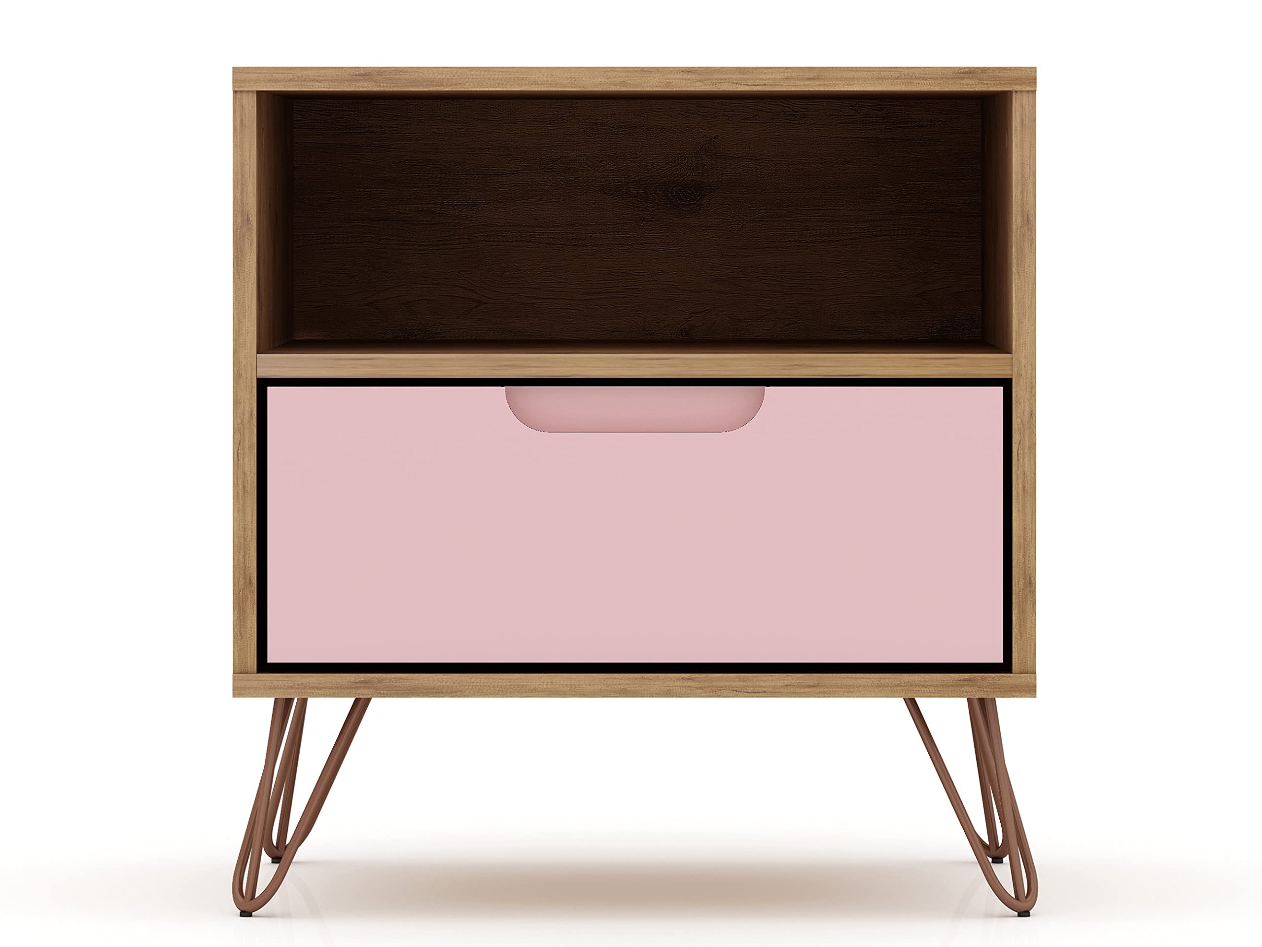 Mid Century Modern Nightstands Set of 2 with Drawer & Cubby - Pink Bedside Tables for Bedroom & Living Room | Functional Storage Organizer for Books, Lamps & Bedroom Essentials