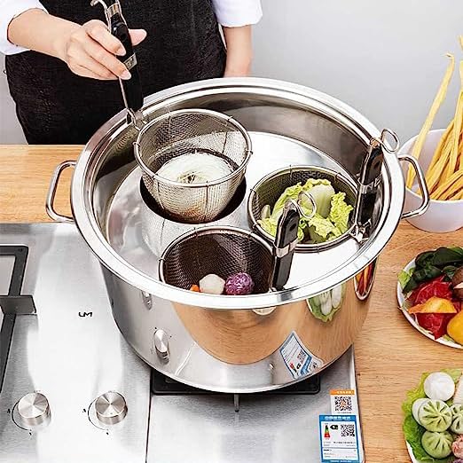 RSBFER 3/4/5 Hole Commercial Stainless Steel Pasta Cooker Pot with Divider & Colander Strainer Insert Set - Heavy Duty Stockpot for Home Kitchen & Restaurant Use (5 Hole) - Perfect for Cooking Pasta, Soup, Stew & Large Batch Meals