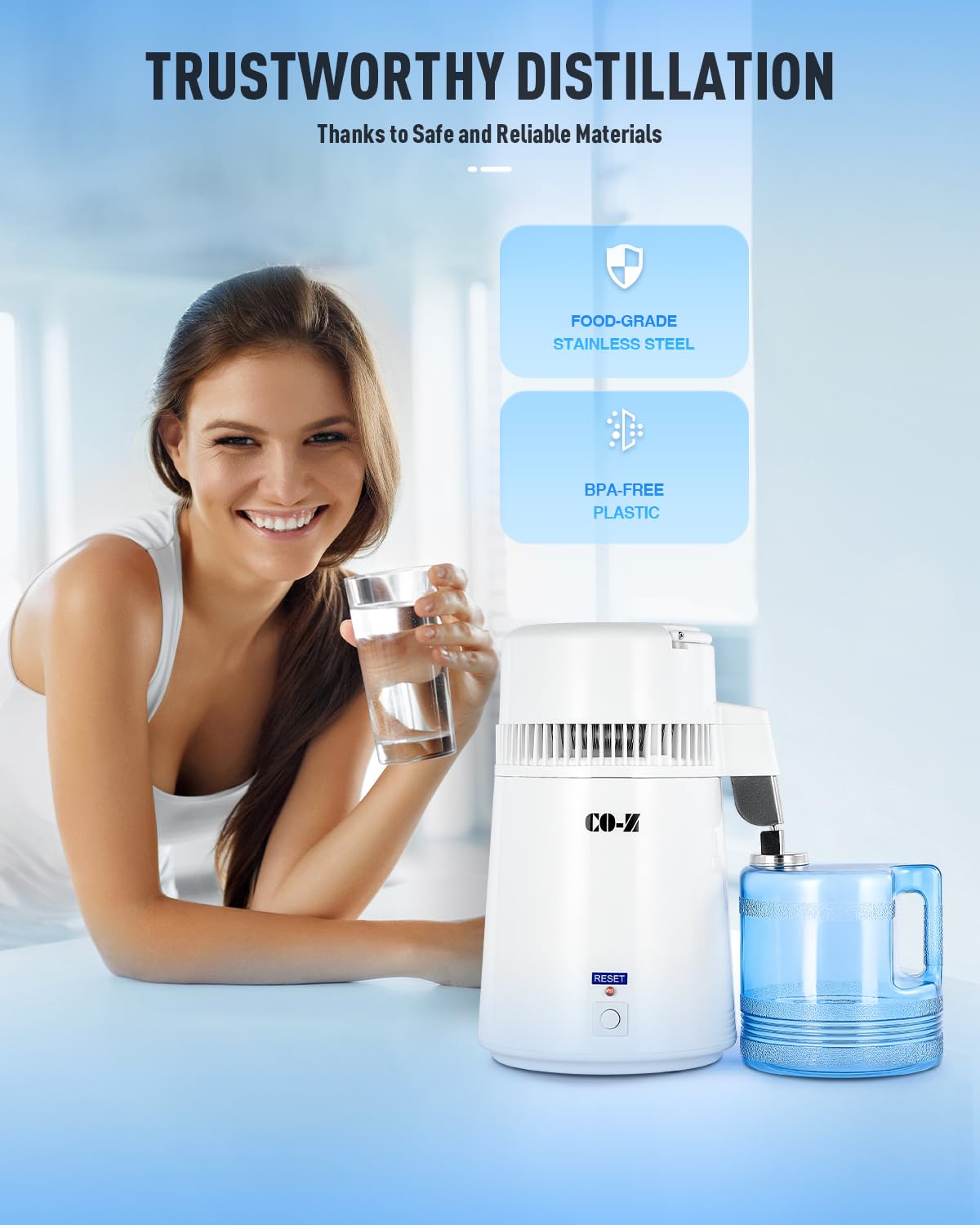 CO-Z 1.1 Gallon (4L) Countertop Water Distiller - 750W Home & Office Pure Water Maker Machine for Drinking, Humidifiers, Irons & Medical Use | Distilled Clean Water Purification System