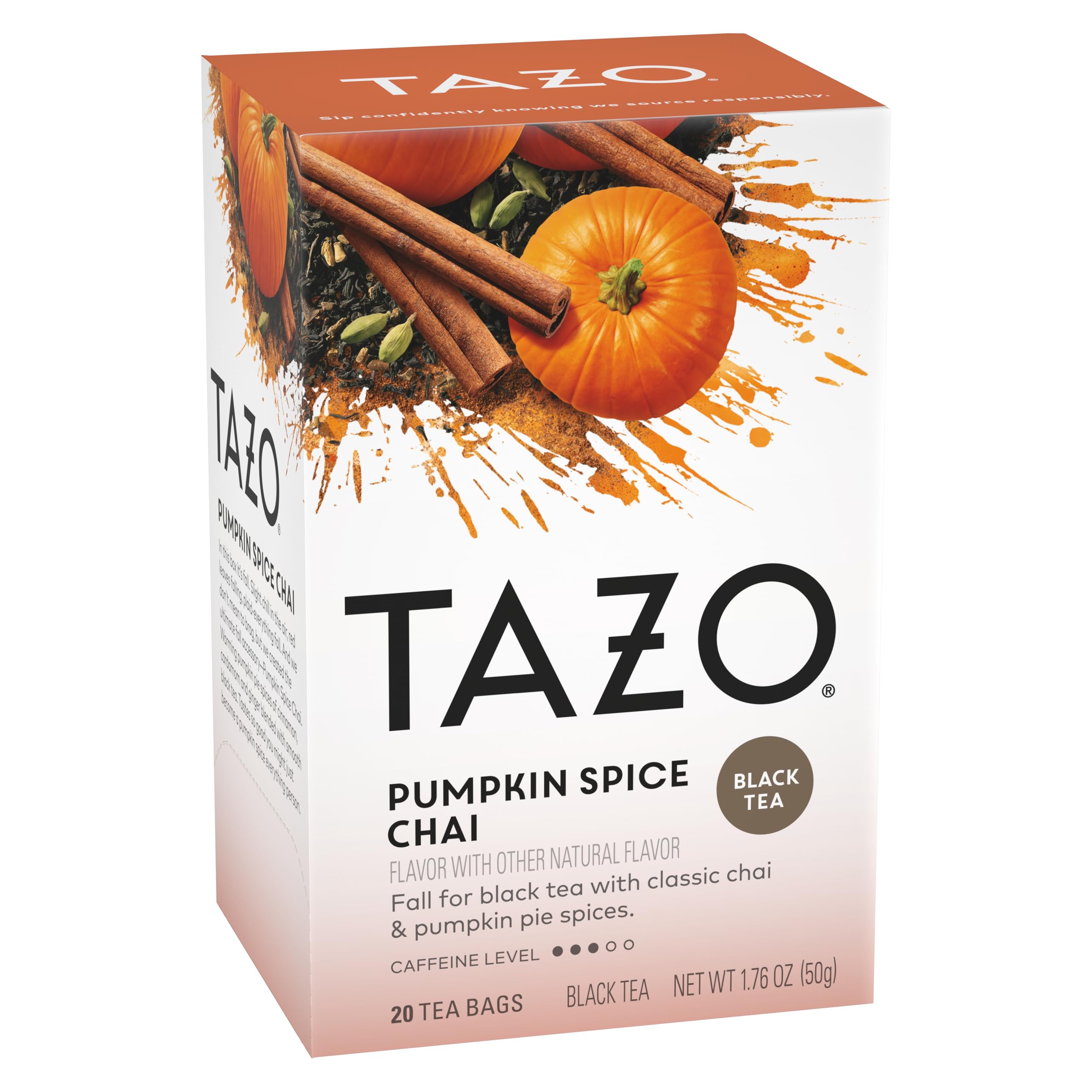 TAZO Pumpkin Spice Chai Black Tea Bags - 20 Count, Moderately Caffeinated Fall Tea Blend | Perfect for Autumn Mornings, Cozy Evenings & Holiday Gatherings