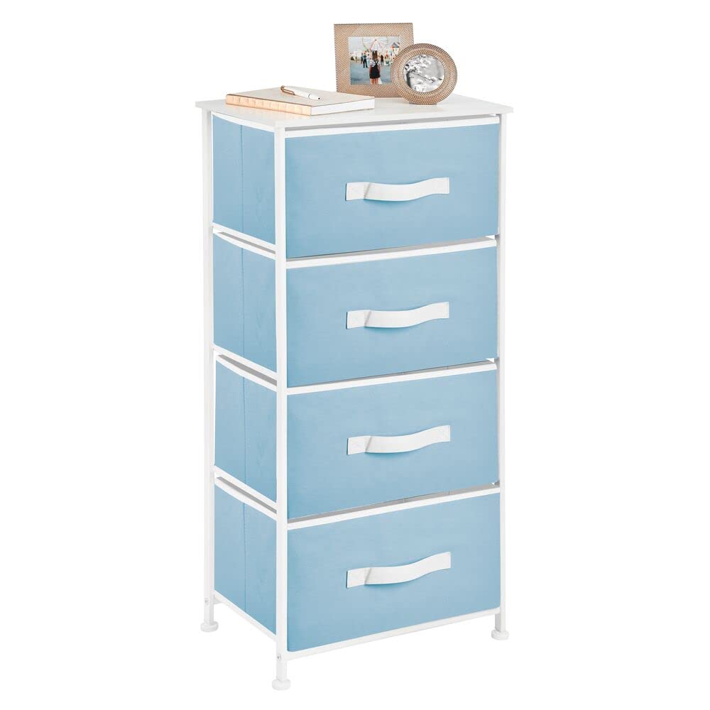 mDesign 4-Drawer Fabric Storage Tower Organizer - Steel Frame & Wood Top Dresser for Bedroom, Closet, Entryway - Jane Collection in Carolina Blue/White | Perfect for Small Space Organization & Home Decor