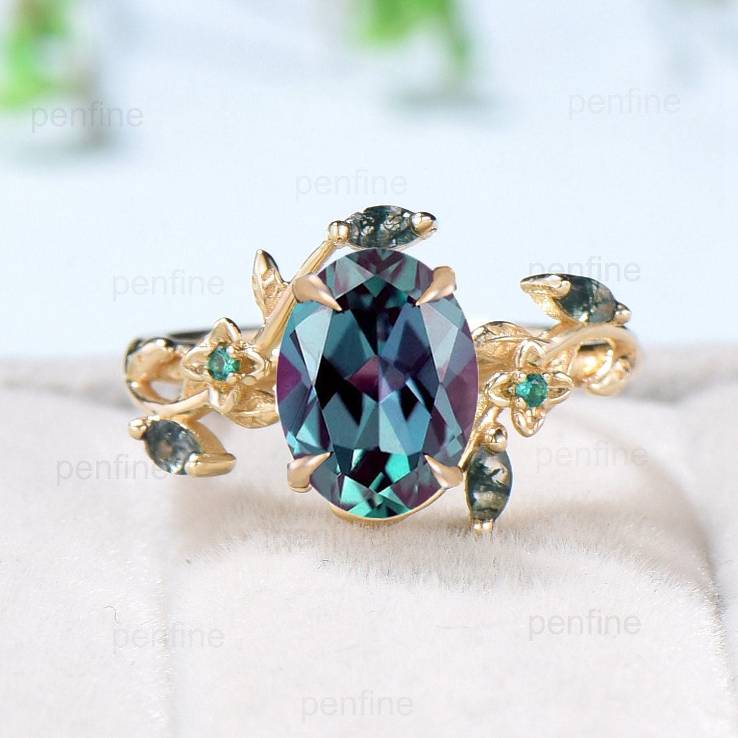 Alexandrite Ring for Women - Nature Inspired Cluster Emerald Marquise Cut Moss Agate Twig Branch Color Change Engagement Ring | Unique Fine Jewelry for Weddings, Anniversaries & Special Occasions