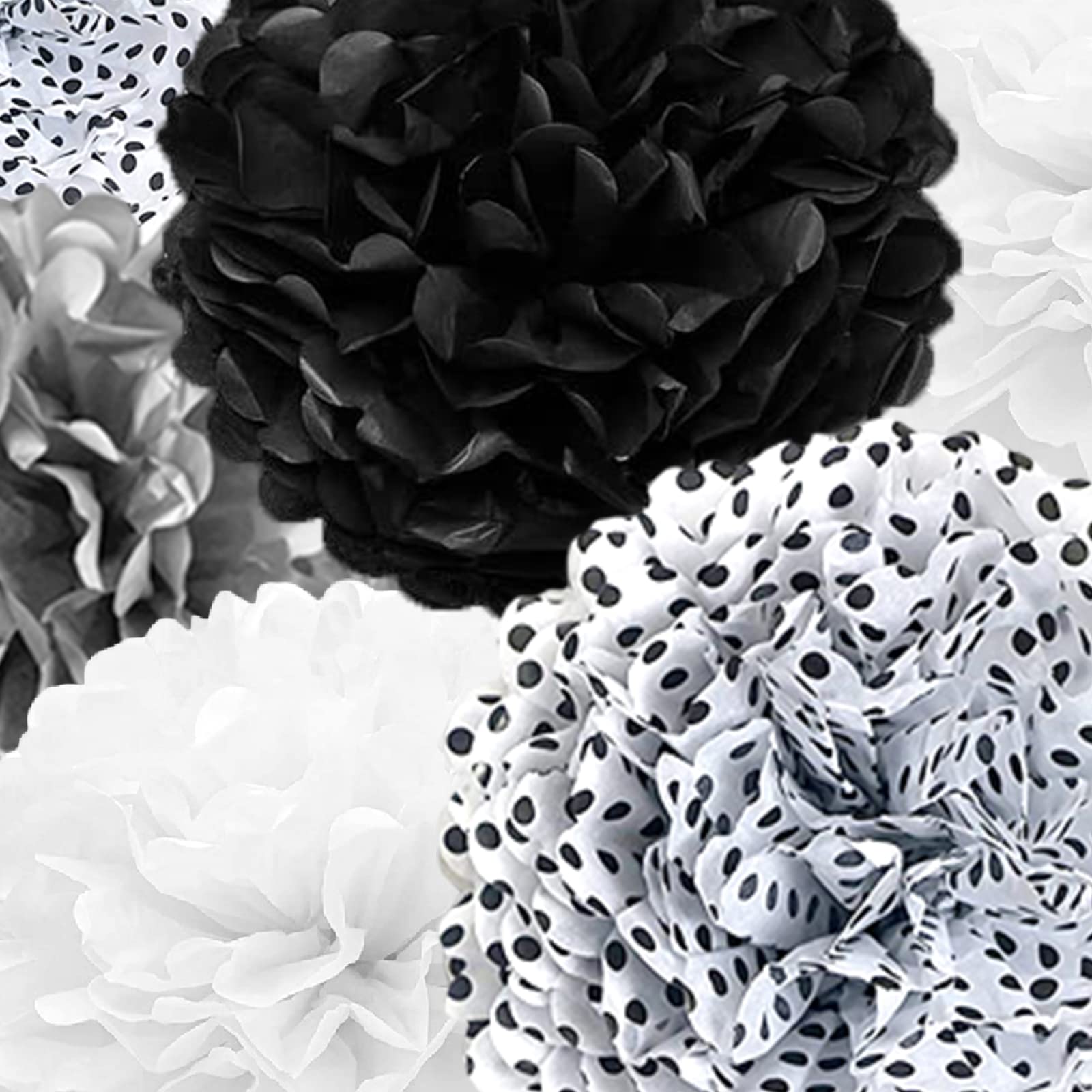 22-Pack Black, Silver, Polka Dot & White Tissue Paper Pom Poms - Fluffy Paper Flower Balls for Birthday, Bachelorette, Wedding, Baby Shower & Bridal Shower Party Decorations - Perfect for Ceiling, Table & Wall Decor