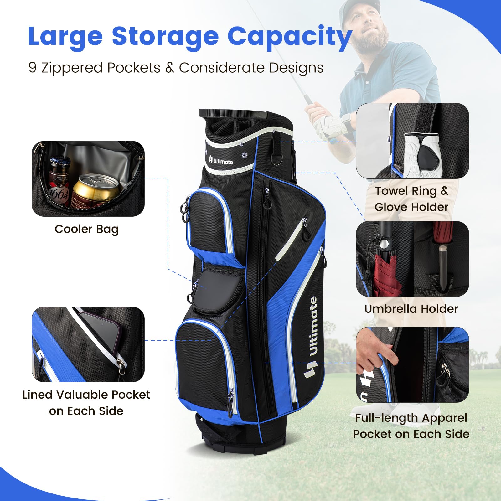 **Tangkula 14-Way Top Divider Golf Cart Bag - Lightweight Golf Club Bag with 9 Pockets, Cooler Compartment, Umbrella Holder & Rain Hood - Dual Strap for Men & Women - Perfect for Golf Courses & Travel**