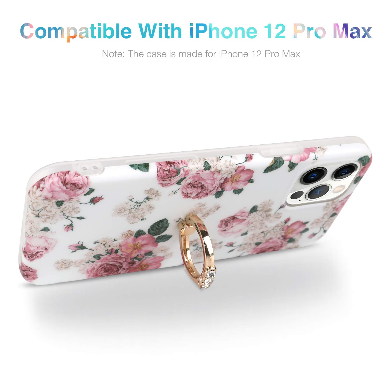 **iPhone 12 Pro Max Case for Women - Floral Pattern Ultra Thin Matte Soft TPU Silicone Cover with 360° Ring Holder - Compatible with Apple iPhone 12 Pro Max 6.7