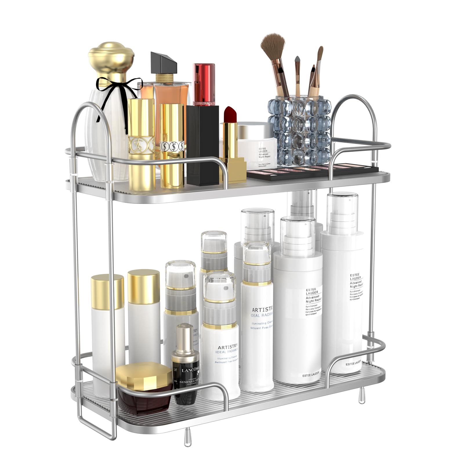 2-Tier Bathroom Counter Organizer - Silver Makeup & Skincare Vanity Organizer with Perfume Tray | Countertop Storage for Cosmetics, Jewelry & Toiletries | Perfect for Bathroom, Bedroom & Dressing Table Organization