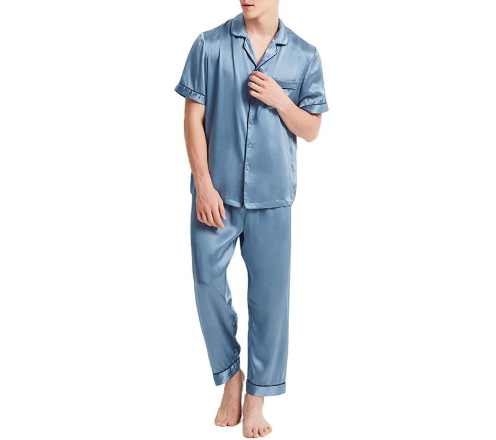 Premium Men's 100% Mulberry Silk Short Sleeve Pajama Set - Breathable Button-Up Loungewear for Sleep & Relaxation | Perfect for Home, Travel & Spa Days