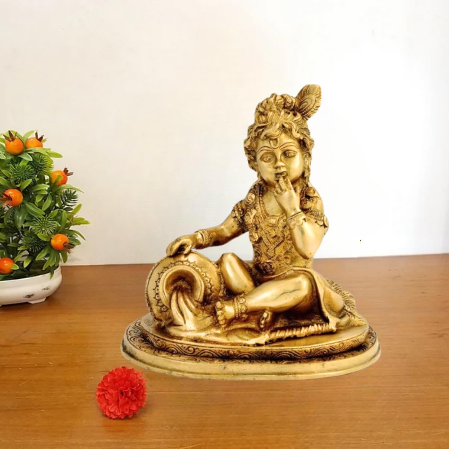Baby Krishna Brass Statue - Handcrafted Hindu Deity Figurine for Home Altar, Pooja Room Decor & Spiritual Gift