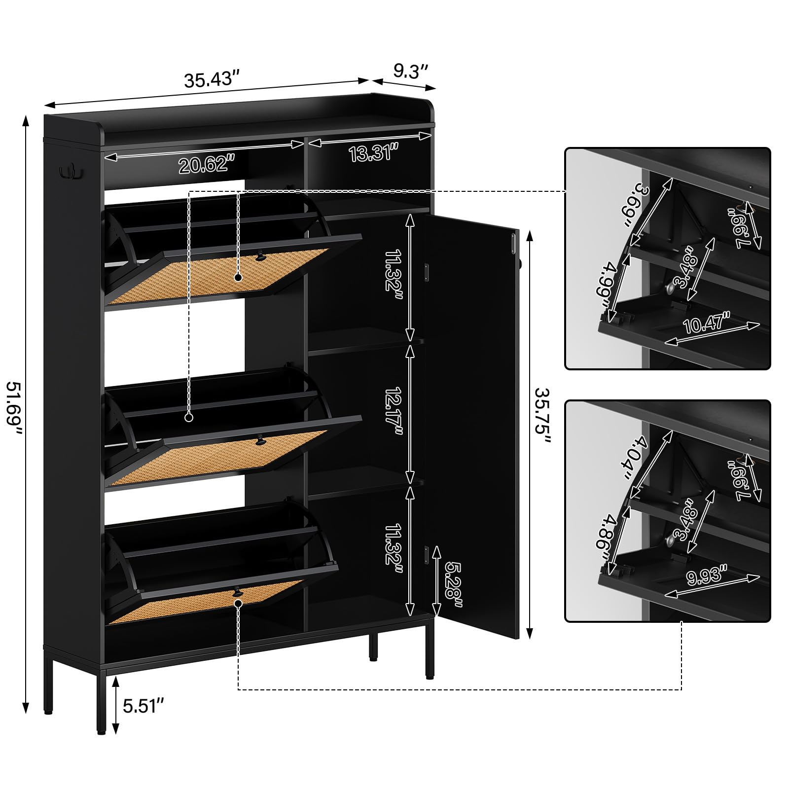 GAOMON 3-Tier Flip Drawer Shoe Storage Cabinet - Rattan Freestanding Shoe Organizer with Adjustable Shelves & Metal Knob for Entryway, Hallway, Closet - Space Saving Narrow Shoe Rack for Small Spaces - Easy Assembly (Black) - Perfect for Apartments, Dorms & Tight Spaces