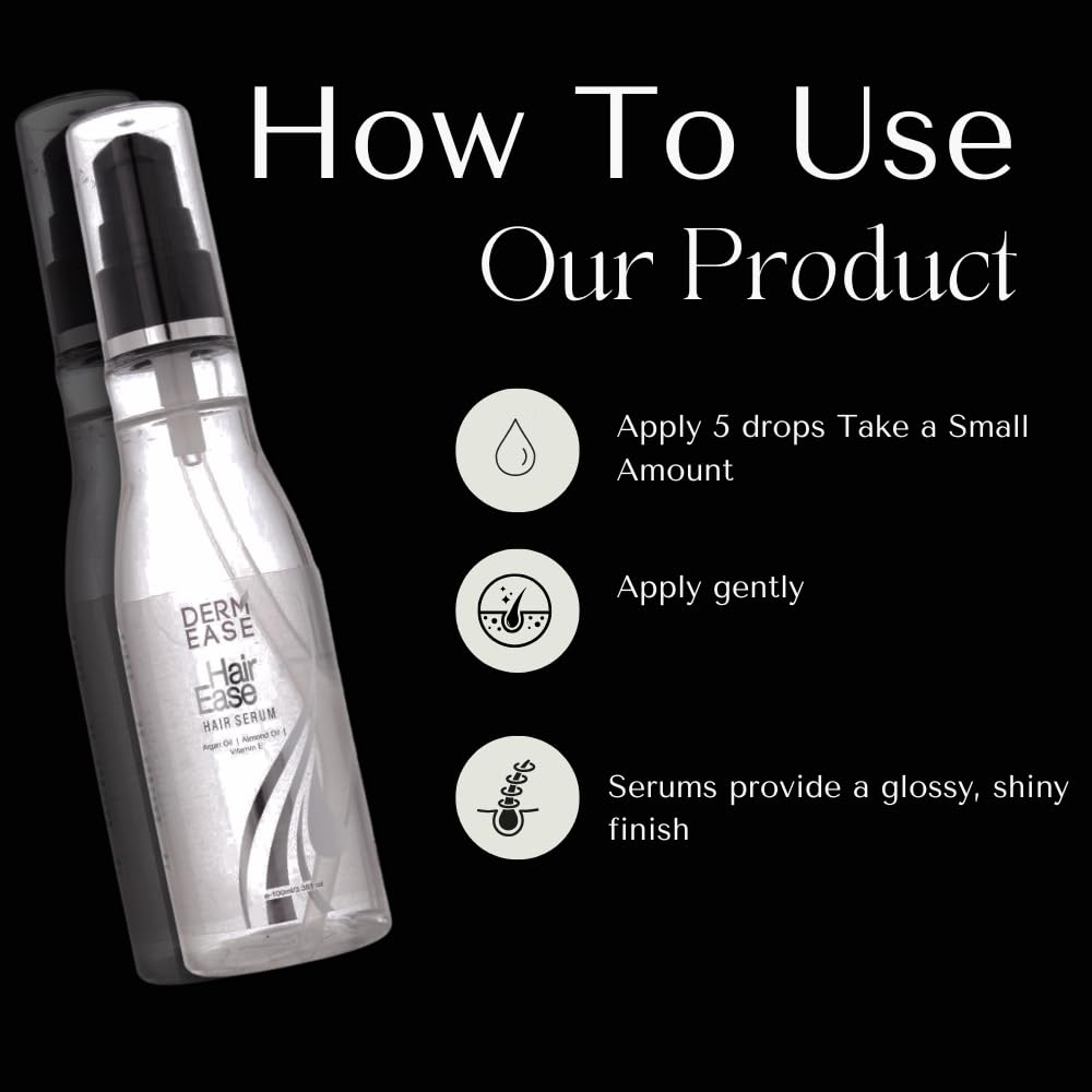 Derm Ease Hair Serum with Argan Oil, Almond Oil & Vitamin E - Repairing Treatment for Frizzy, Damaged Hair - Men & Women (100ml) - Perfect for Daily Hair Care & Salon-Quality Results at Home