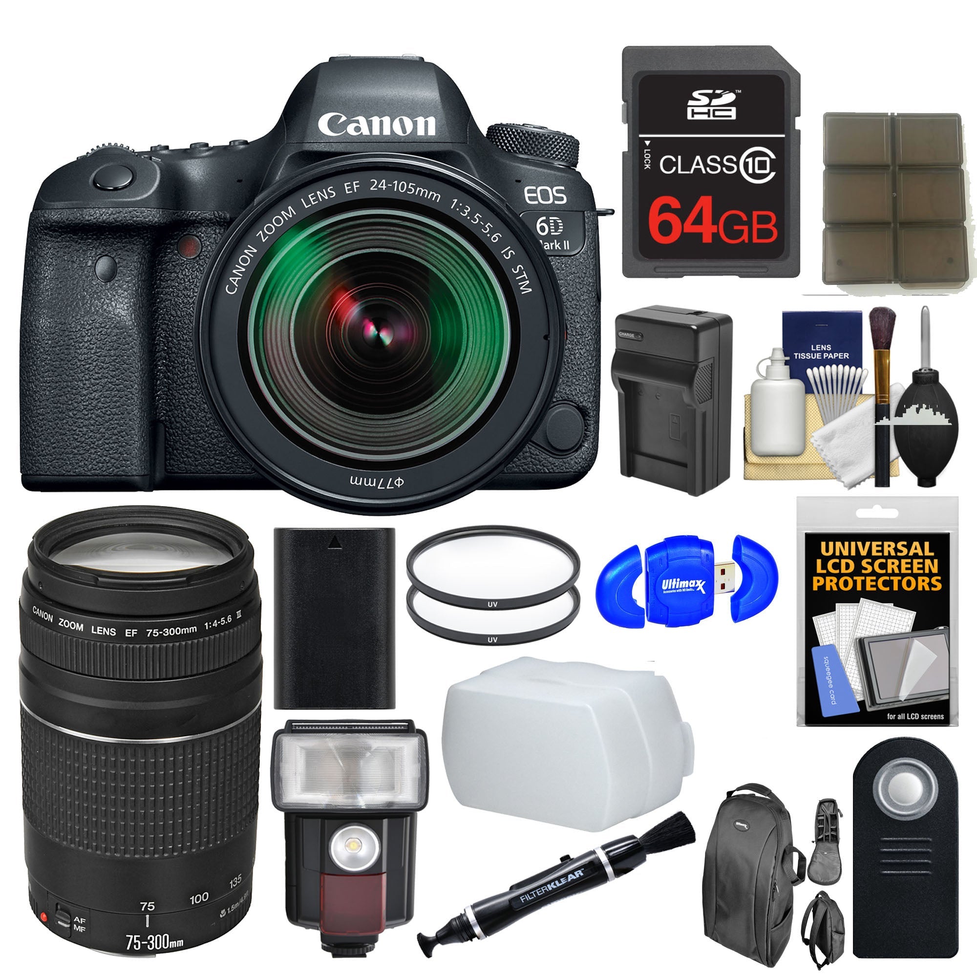 Canon EOS 6D Mark II DSLR Camera Bundle with EF 24-105mm IS STM & 75-300mm III Lenses, 64GB SD Card, Camera Backpack, Flash, Battery/Charger & Filters Kit - Perfect for Professional Photography, Travel & Outdoor Shooting