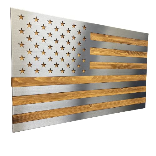 Burnt & Oiled Pine with Polished Steel Inlay American Flag Wall Art - Rustic Patriotic Home Decor for Living Room, Office & Man Cave