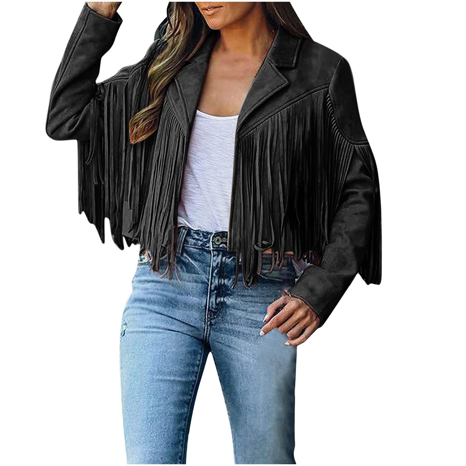 Women's Faux Suede Leather Cowboy Jacket with Fringe & Tassels - Long Sleeve Western Style Coat for Fall & Winter Fashion | Perfect for Rodeo, Concerts & Outdoor Adventures