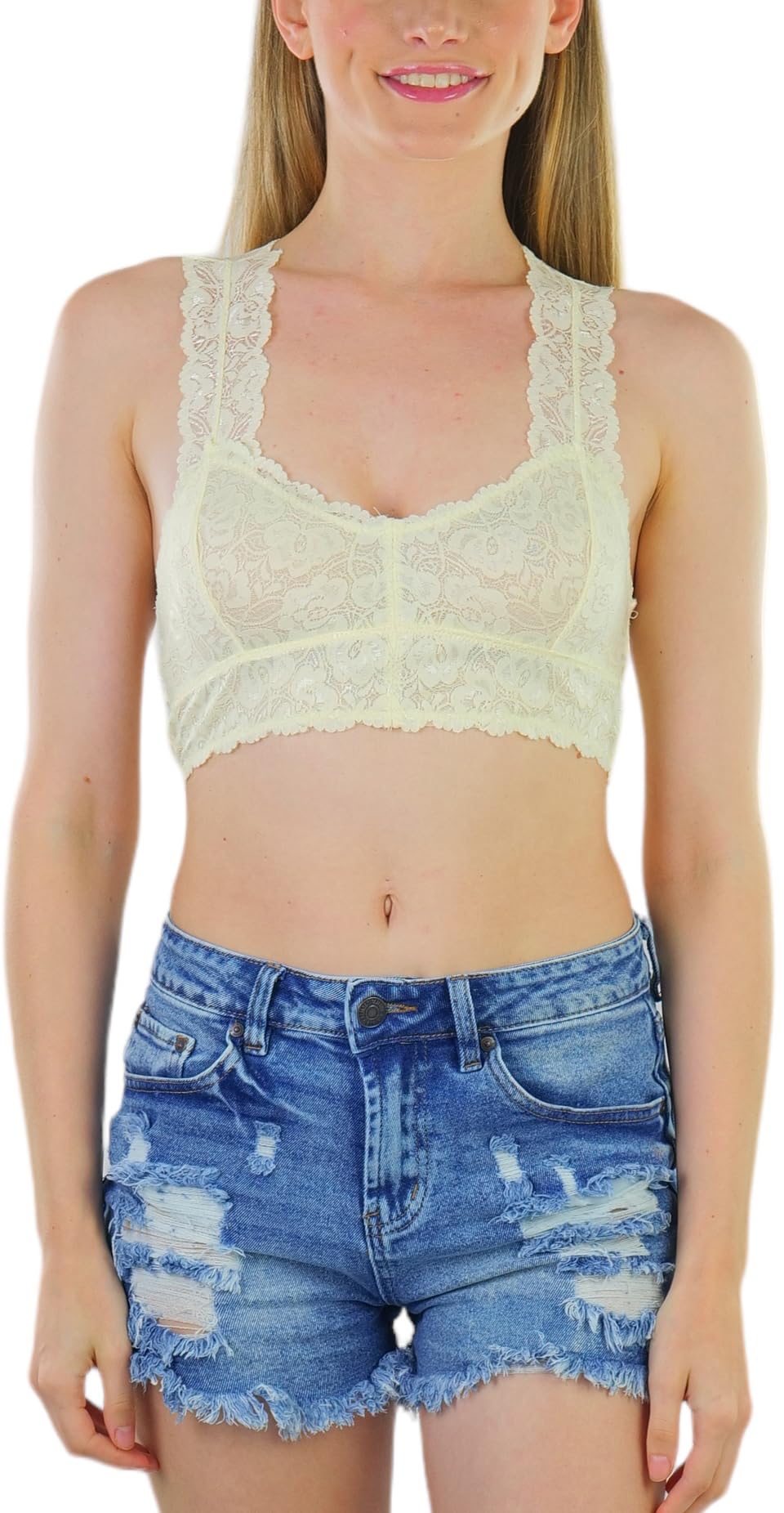 ToBeInStyle Women's Lace Back Bralette - Comfortable Wireless Bralette for Everyday Wear, Yoga, and Lounge