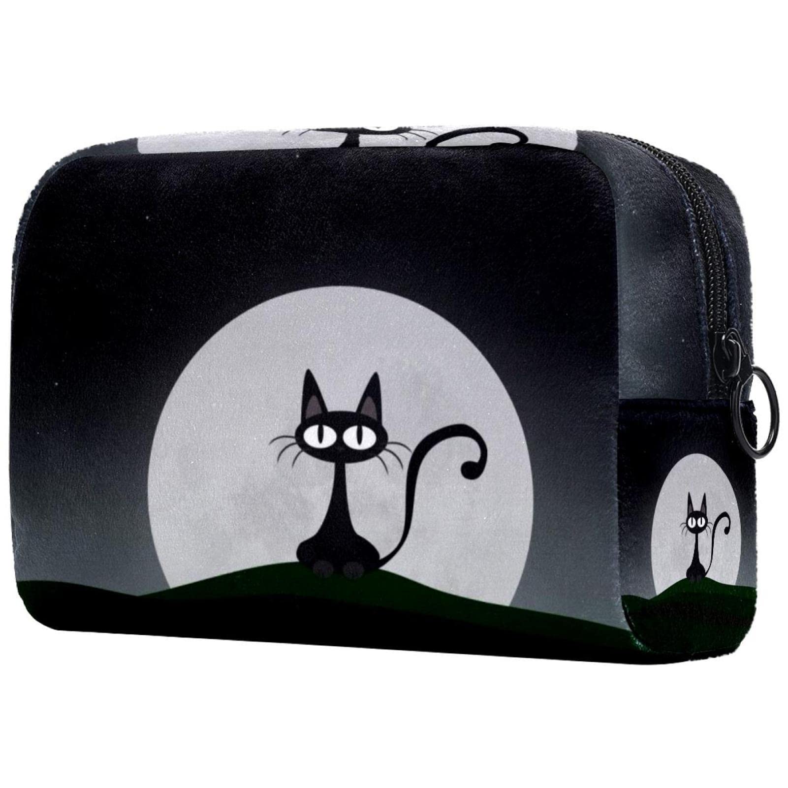 Portable Makeup Bag with Brush Holder - Travel Cosmetic Organizer for Cat & Moon Design